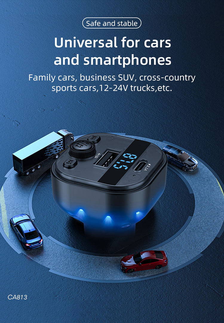 LENYES CA813 Transmisor FM Coche Bluetooth 5.3 Cable 3en1 Carga Rápida Negro