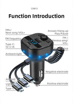 LENYES CA813 Transmisor FM Coche Bluetooth 5.3 Cable 3en1 Carga Rápida Negro