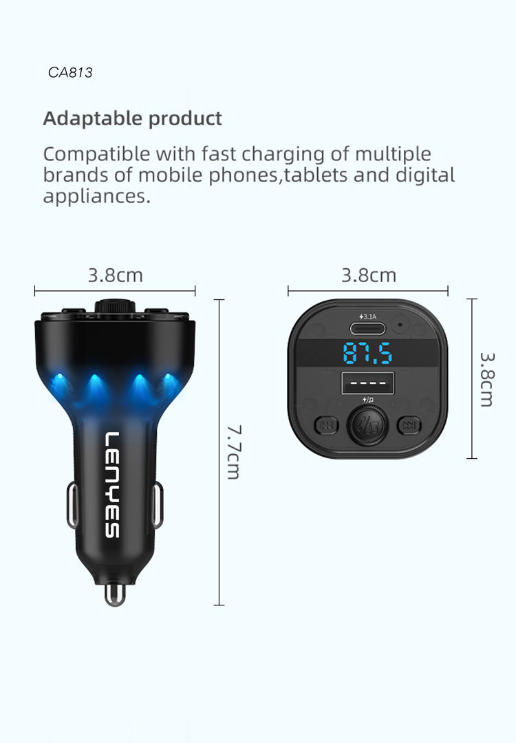 LENYES CA813 Transmisor FM Coche Bluetooth 5.3 Cable 3en1 Carga Rápida Negro