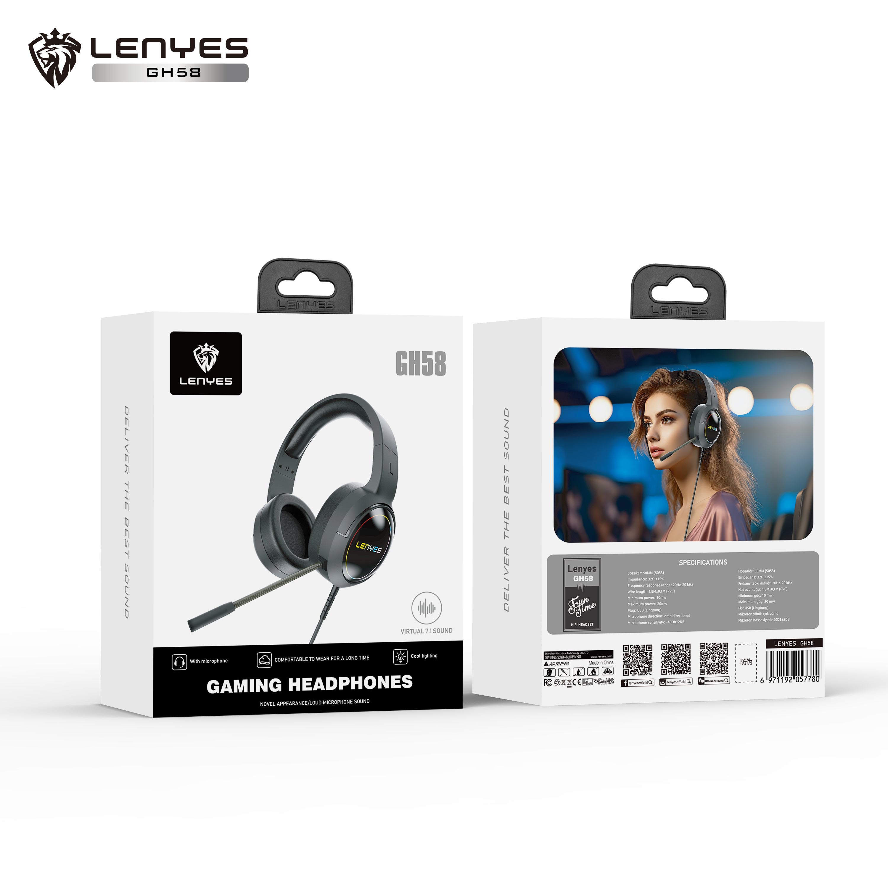 LENYES GH58 Auriculares Gaming Sonido Virtual 7.1 RGB Micrófono Negro
