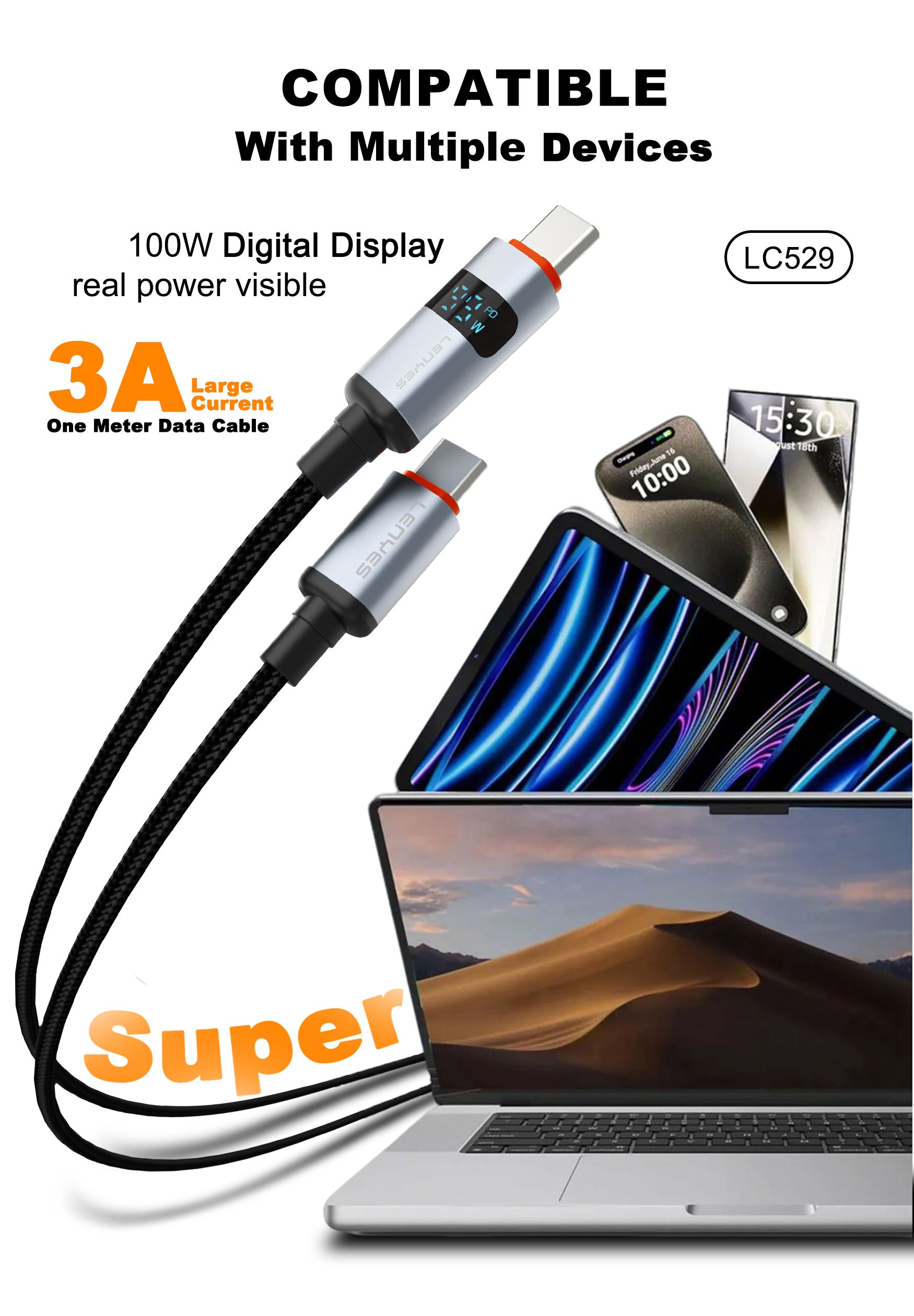 LENYES LC529TC-I Cable de Carga Rápida con Pantalla Digital 30W USB-C a Lightning