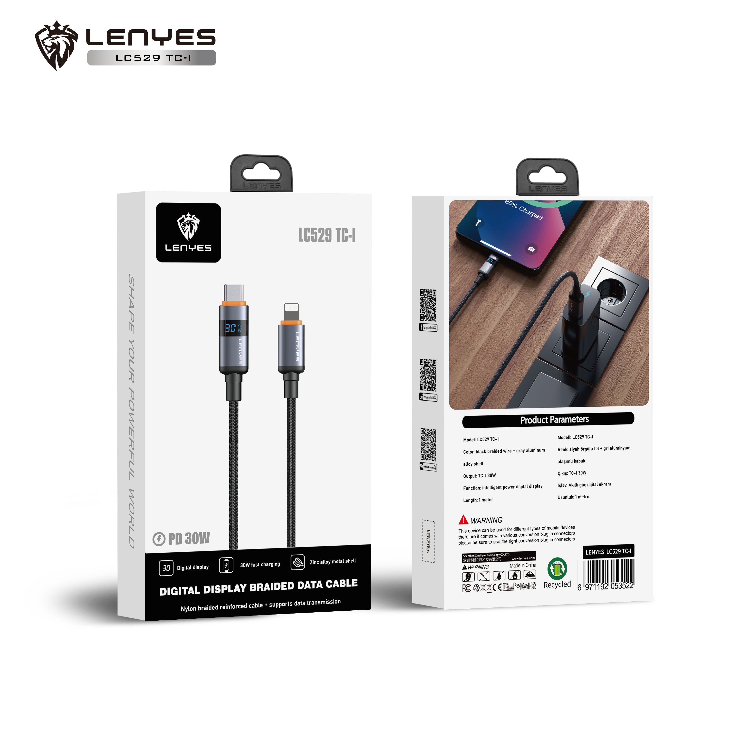 LENYES LC529TC-I Cable de Carga Rápida con Pantalla Digital 30W USB-C a Lightning