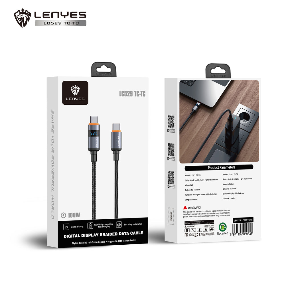 LENYES LC529TC-TC Cable de Carga Rápida con Pantalla Digital 100W USB-C a USB-C