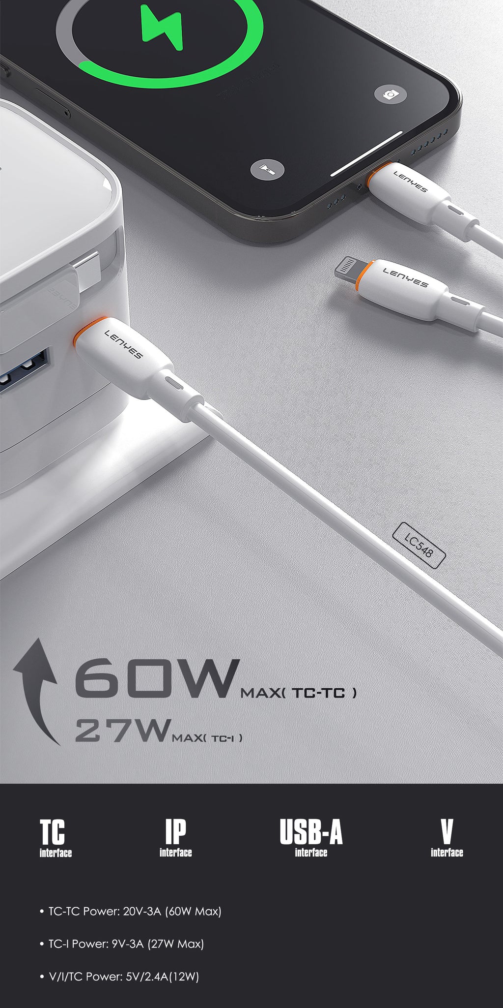 LENYES LC548 TC-TC Cable de Silicona USB-C a USB-C 60W