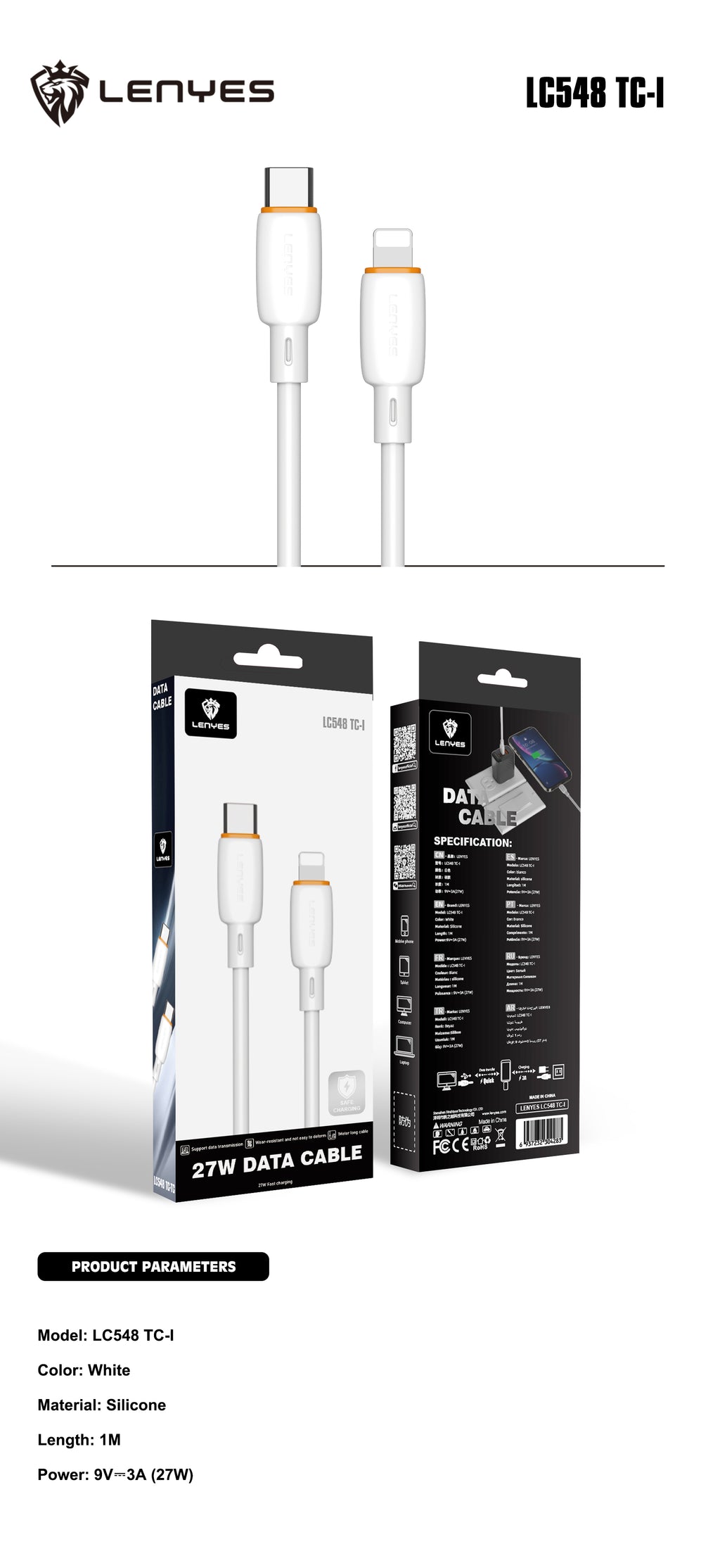 LENYES LC548 TC-I Cable de Silicona USB-C a Lightning 27W Carga Rápida