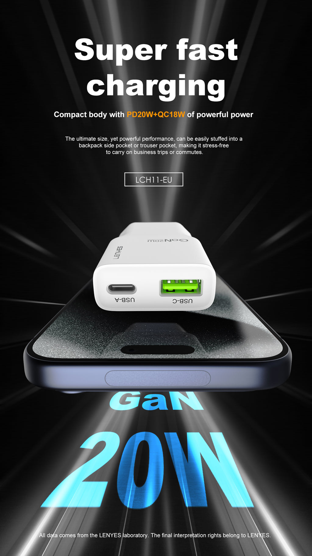 LENYES LCH11 Cargador Dual 20W USB-C + USB-A Carga Rápida Blanco