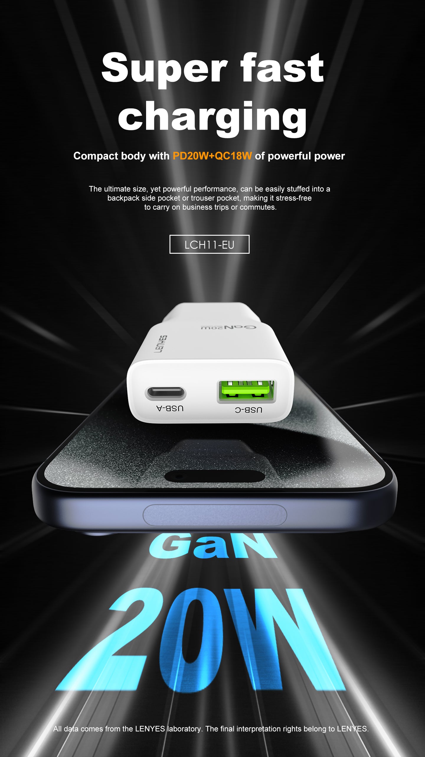 LENYES LCH11 Cargador Dual 20W USB-C + USB-A Carga Rápida Blanco