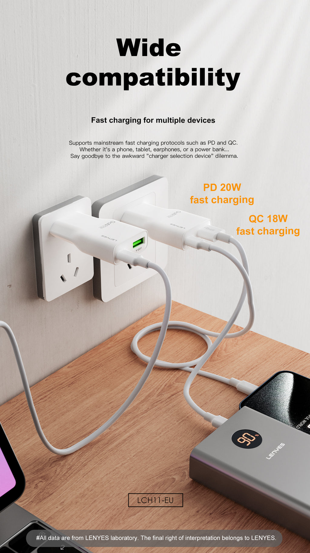 LENYES LCH11 Cargador Dual 20W USB-C + USB-A Carga Rápida Blanco