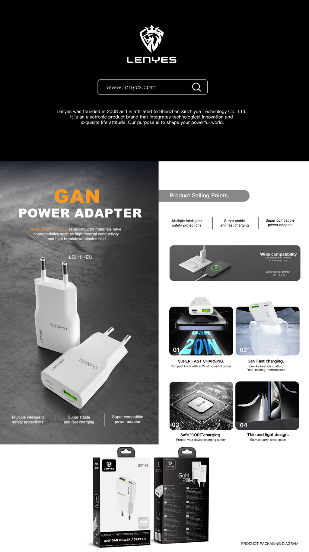 LENYES LCH11 Cargador Dual 20W USB-C + USB-A Carga Rápida Blanco