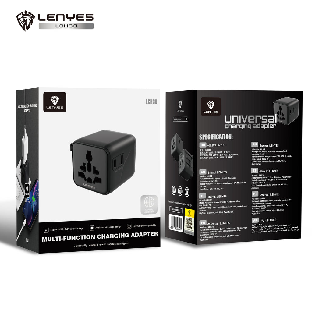 LENYES LCH30 Adaptador de Viaje Universal 2500W - Compatible con UK, EU, USA, AU - Cobre Puro