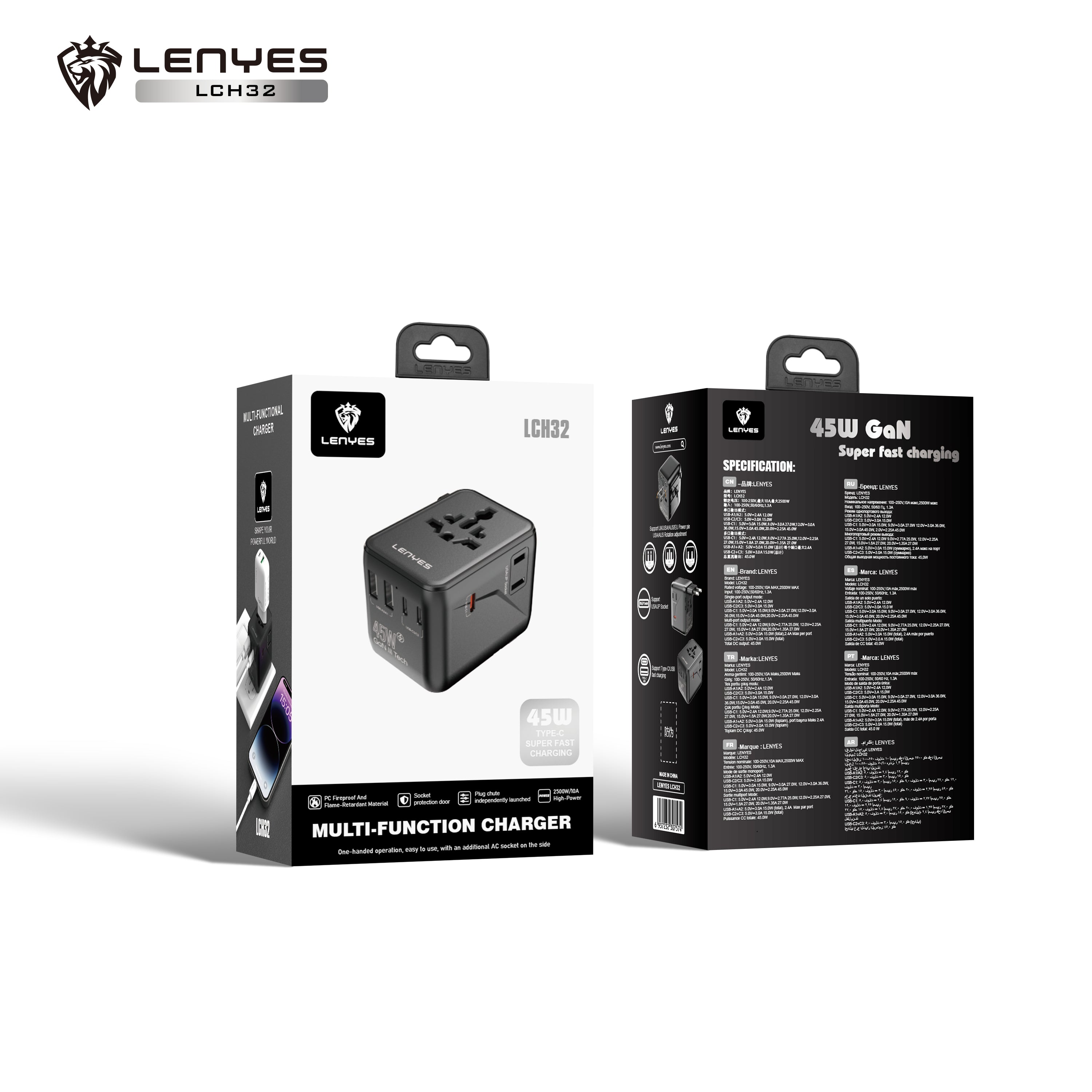 LENYES LCH32 Adaptador de Viaje Universal 2500W + 45W GaN - USB-C 45W + 3 USB-C + 2 USB-A - UK EU USA AU