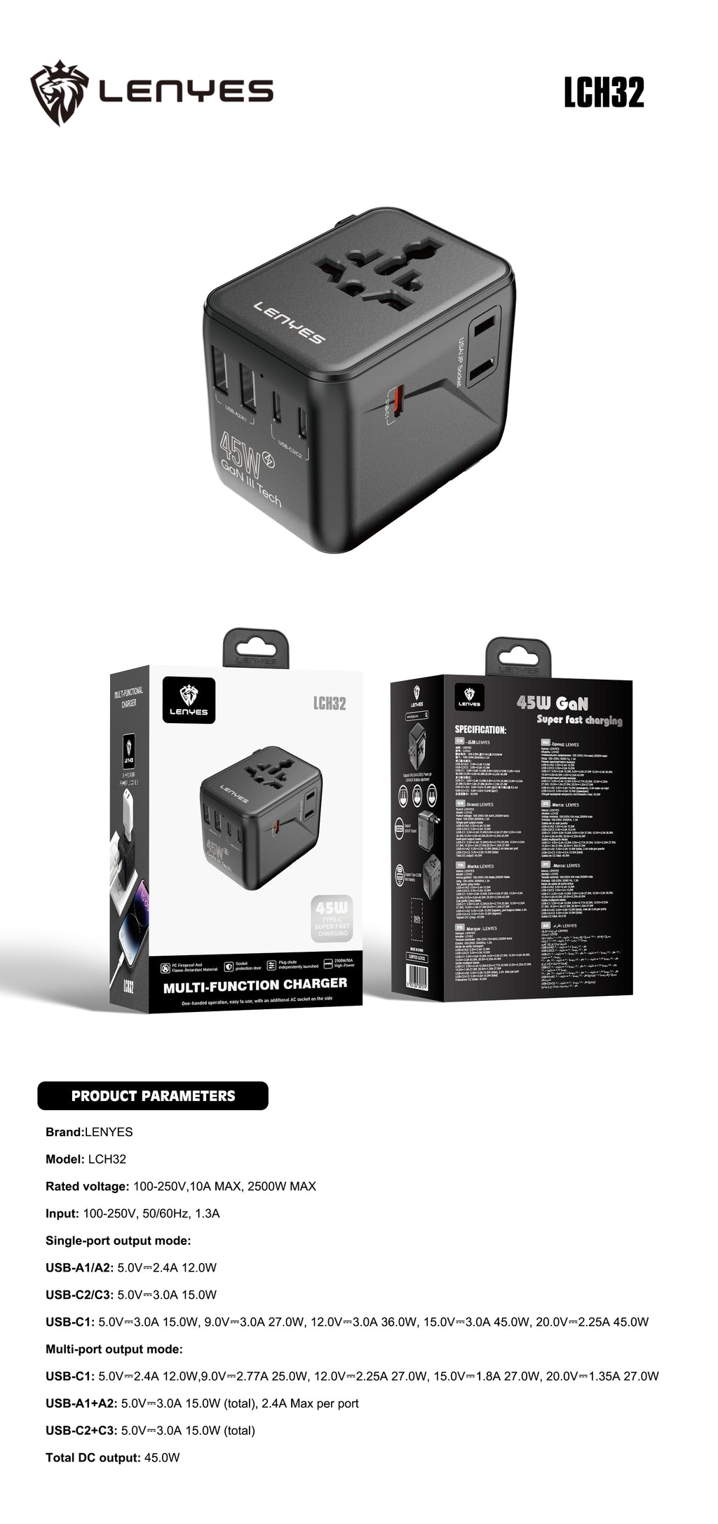 LENYES LCH32 Adaptador de Viaje Universal 2500W + 45W GaN - USB-C 45W + 3 USB-C + 2 USB-A - UK EU USA AU
