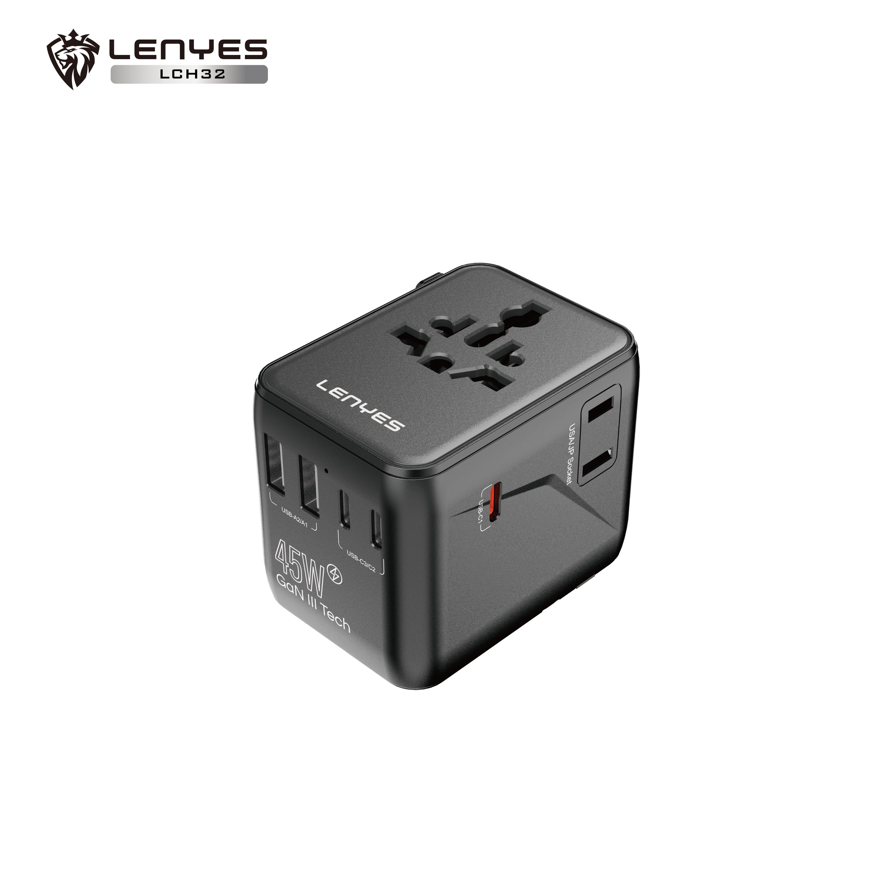 LENYES LCH32 Adaptador de Viaje Universal 2500W + 45W GaN - USB-C 45W + 3 USB-C + 2 USB-A - UK EU USA AU