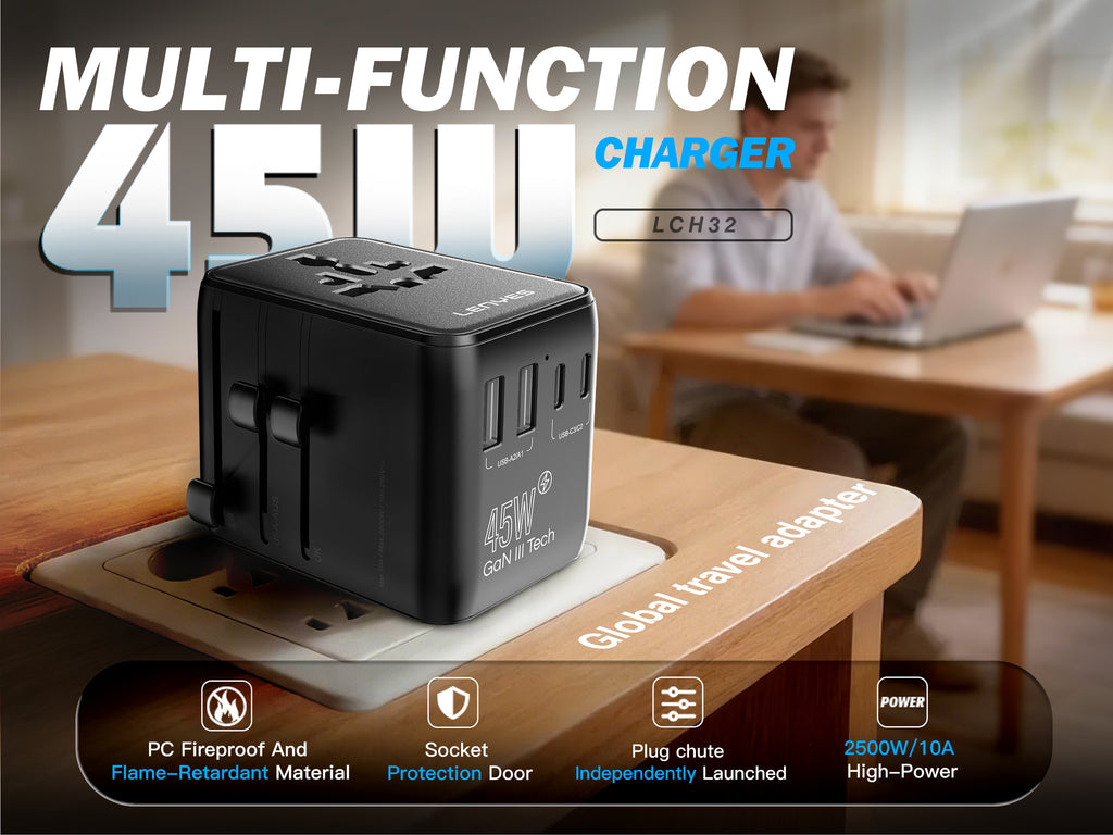 LENYES LCH32 Adaptador de Viaje Universal 2500W + 45W GaN - USB-C 45W + 3 USB-C + 2 USB-A - UK EU USA AU