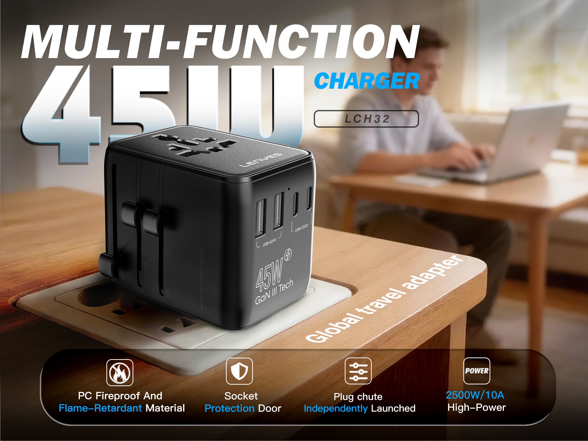 LENYES LCH32 Adaptador de Viaje Universal 2500W + 45W GaN - USB-C 45W + 3 USB-C + 2 USB-A - UK EU USA AU