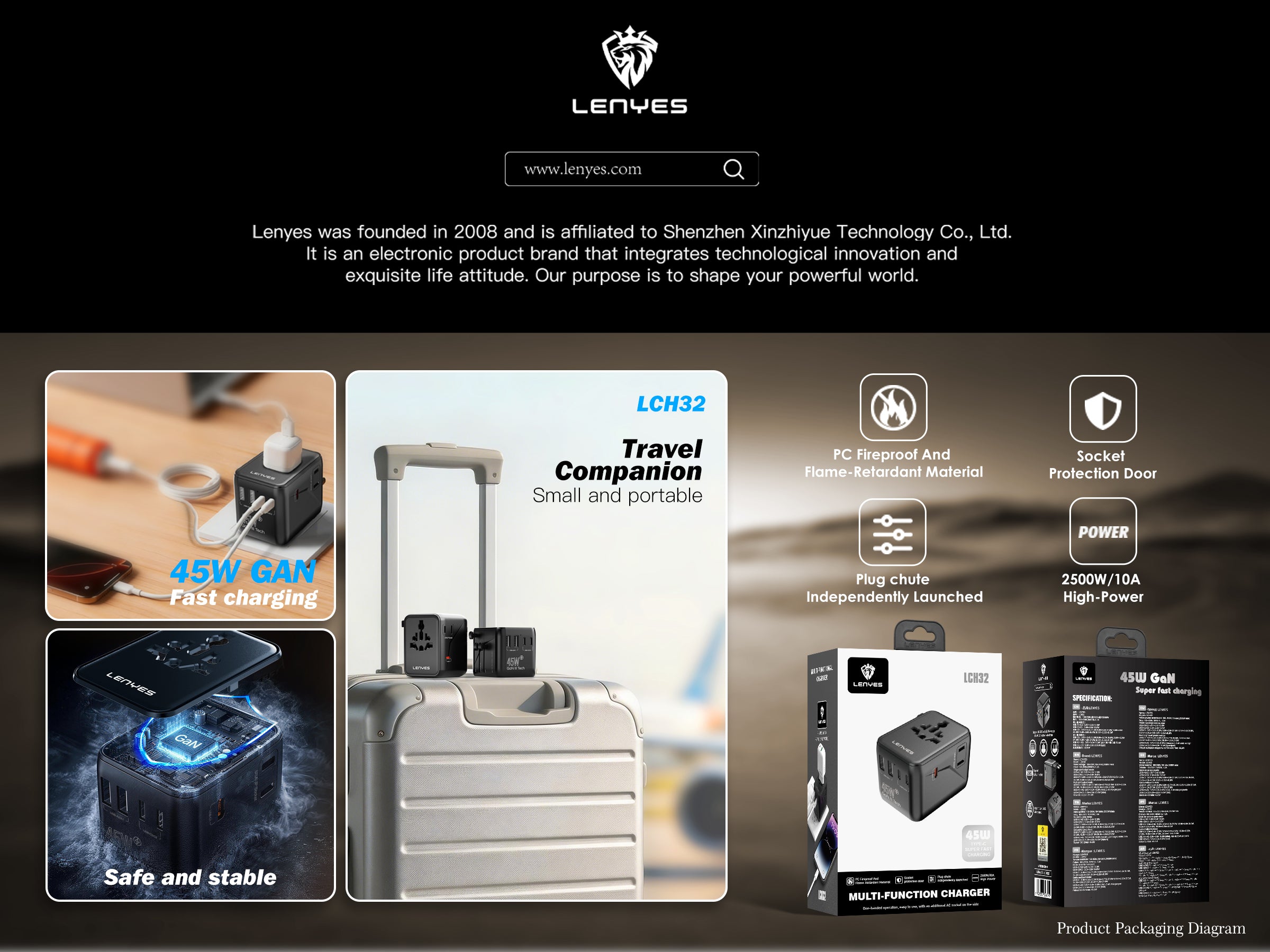 LENYES LCH32 Adaptador de Viaje Universal 2500W + 45W GaN - USB-C 45W + 3 USB-C + 2 USB-A - UK EU USA AU