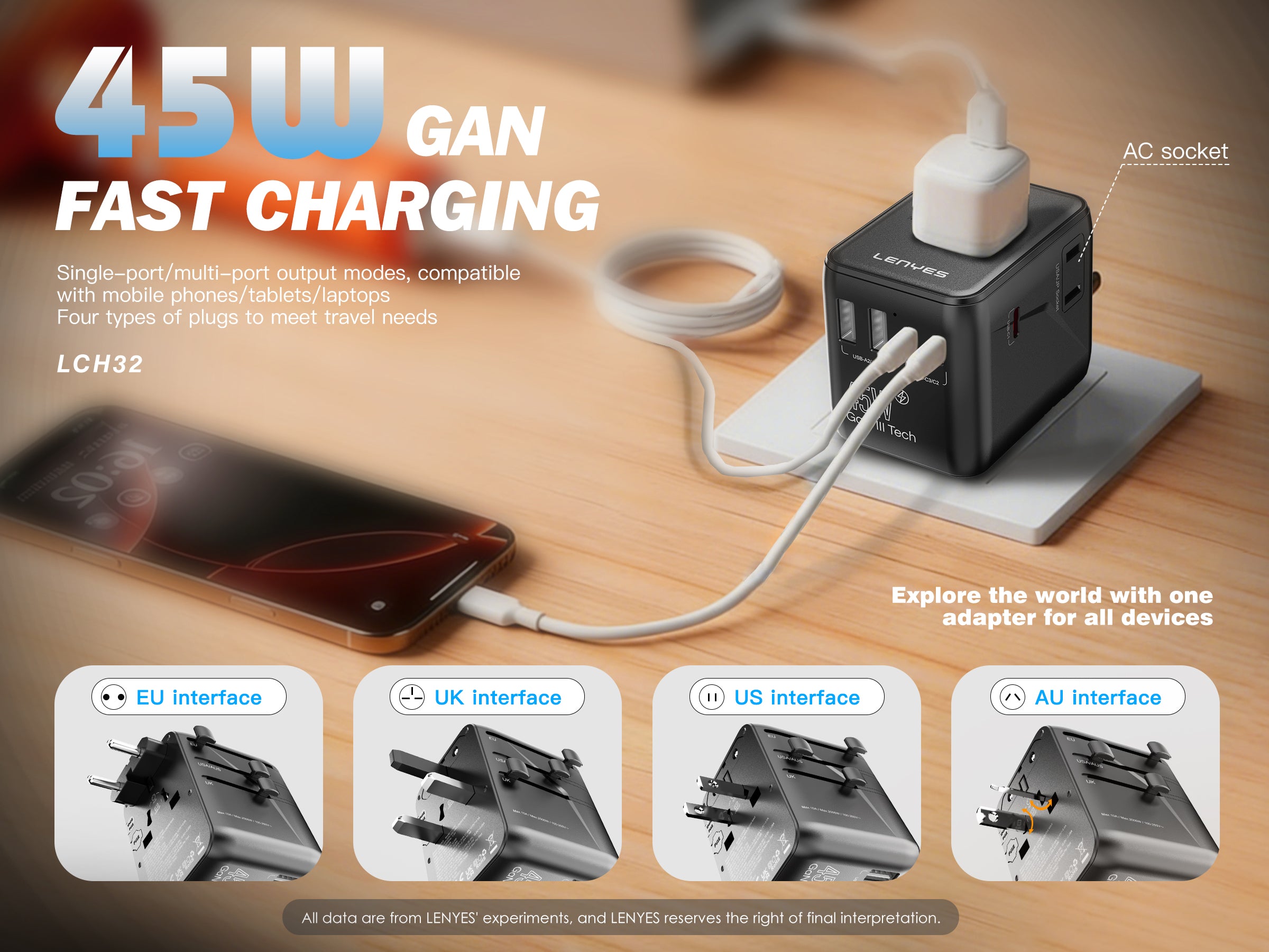 LENYES LCH32 Adaptador de Viaje Universal 2500W + 45W GaN - USB-C 45W + 3 USB-C + 2 USB-A - UK EU USA AU