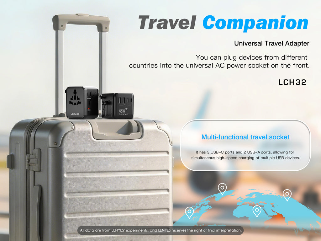 LENYES LCH32 Adaptador de Viaje Universal 2500W + 45W GaN - USB-C 45W + 3 USB-C + 2 USB-A - UK EU USA AU