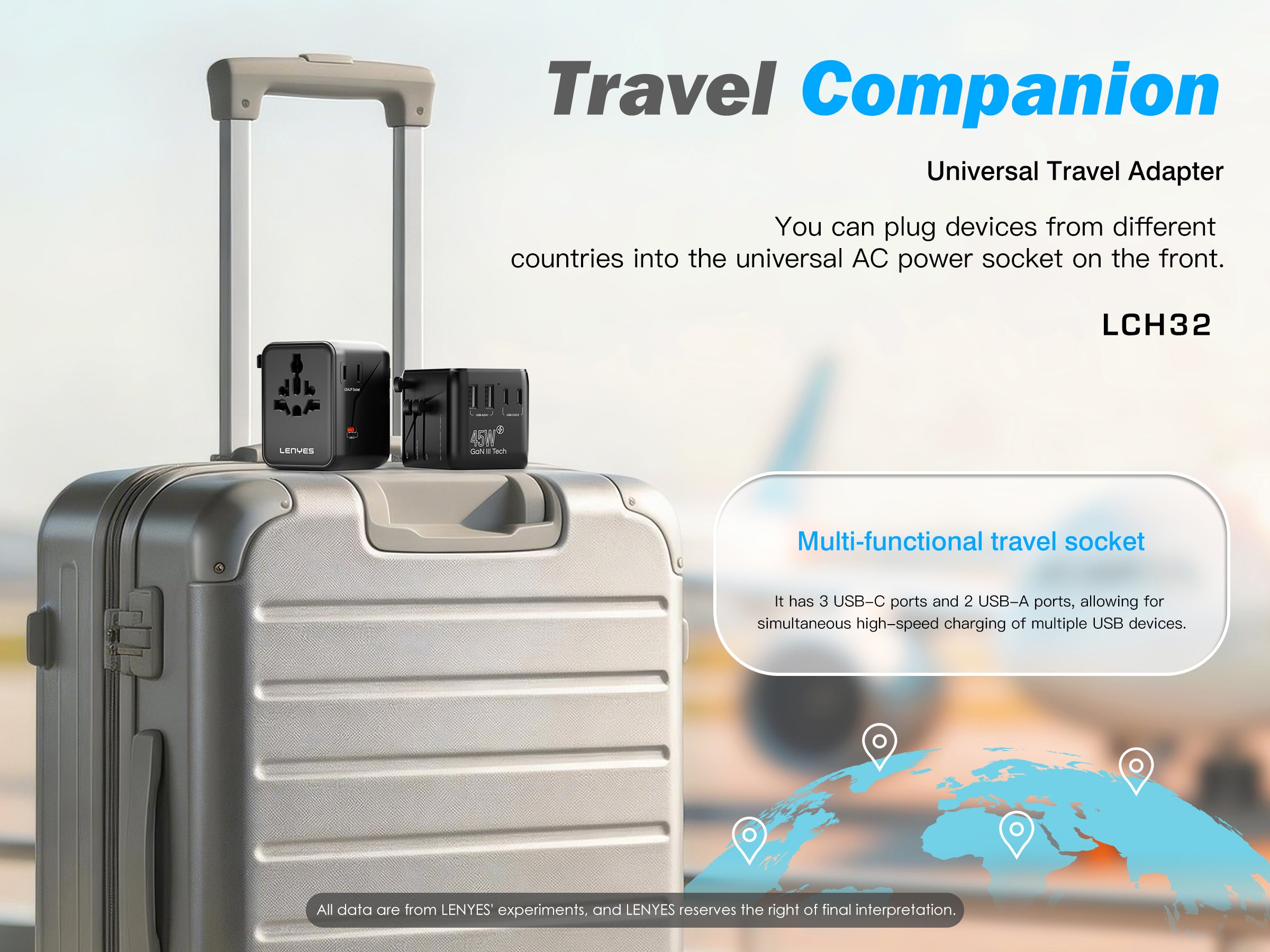 LENYES LCH32 Adaptador de Viaje Universal 2500W + 45W GaN - USB-C 45W + 3 USB-C + 2 USB-A - UK EU USA AU