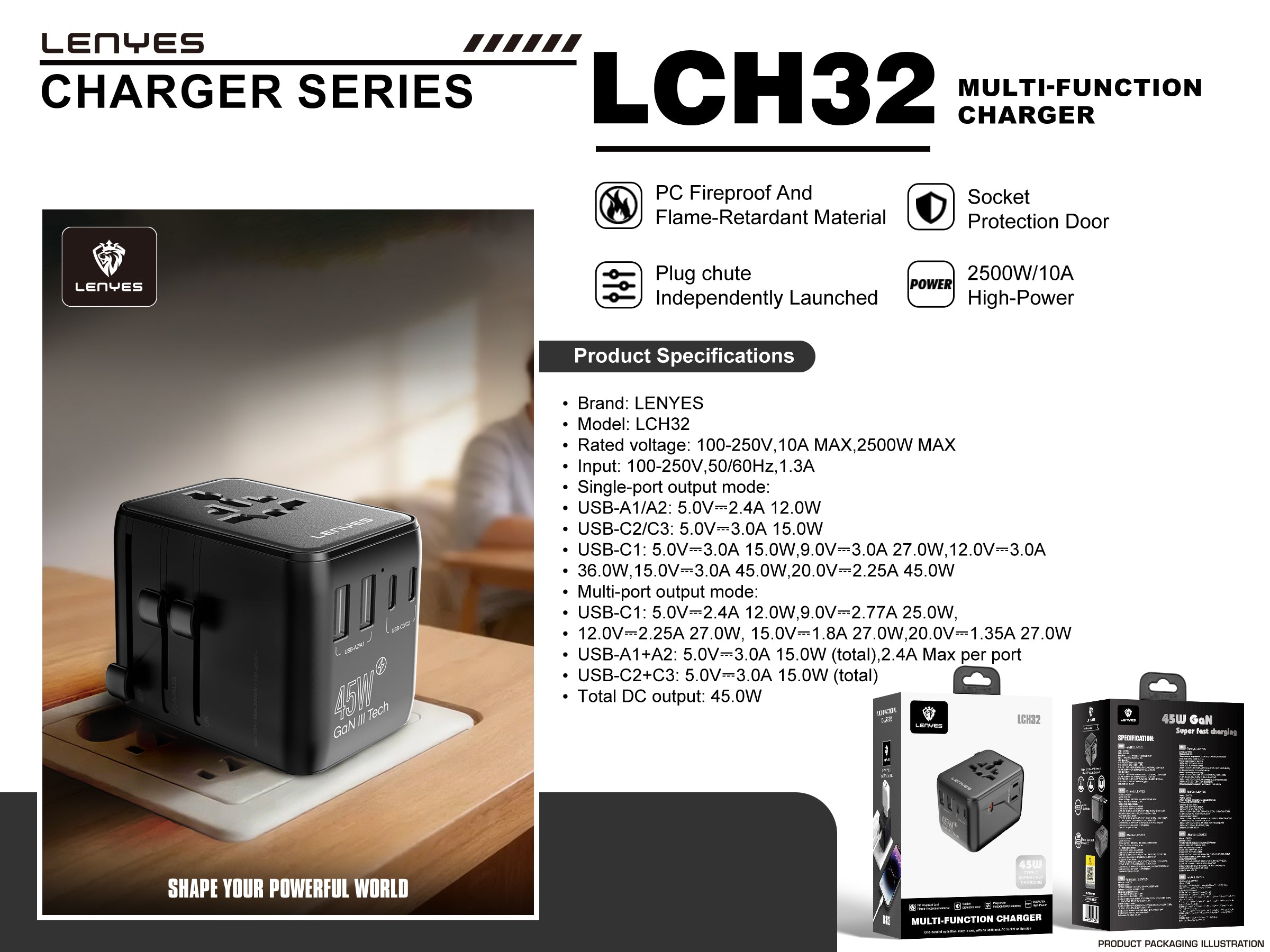 LENYES LCH32 Adaptador de Viaje Universal 2500W + 45W GaN - USB-C 45W + 3 USB-C + 2 USB-A - UK EU USA AU