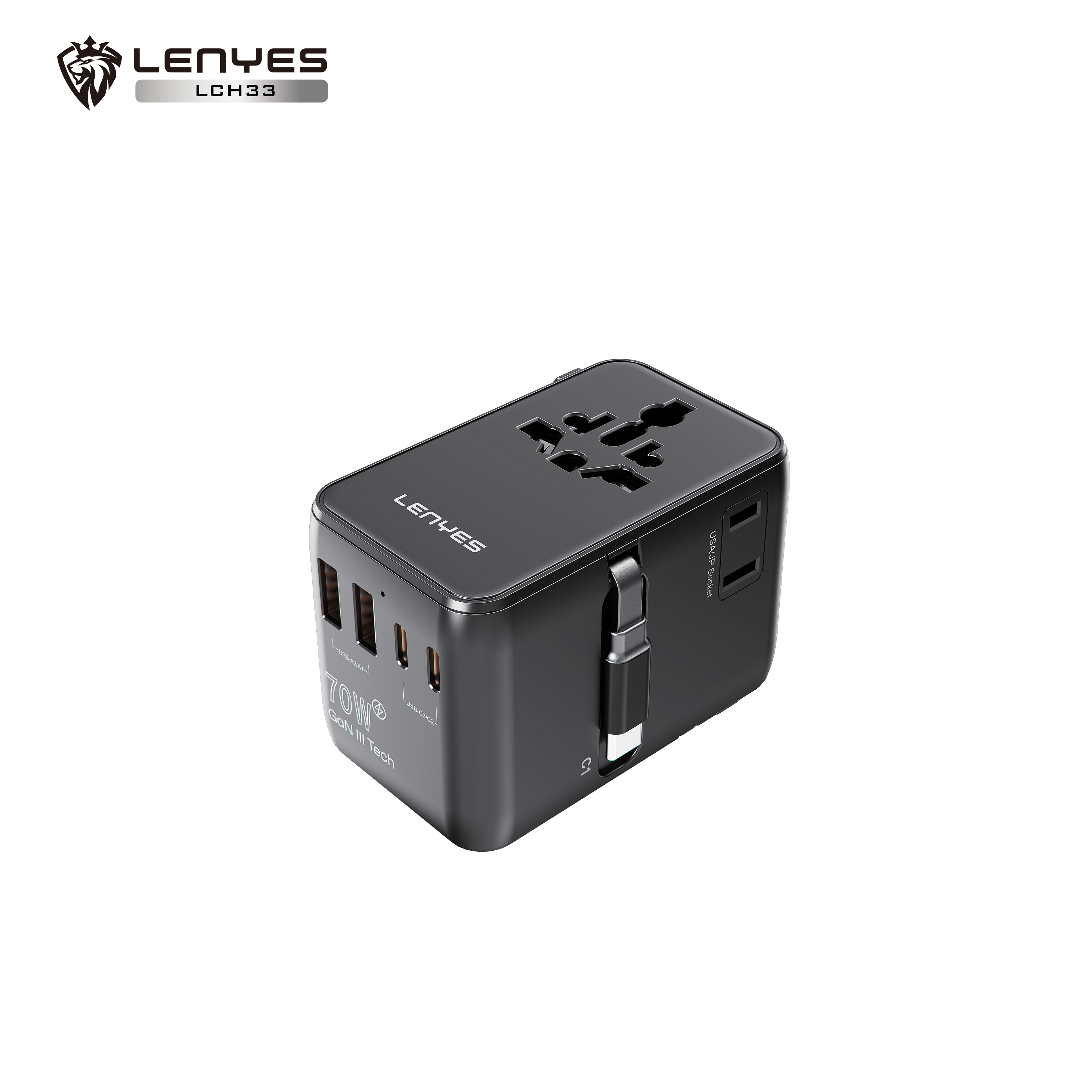 LENYES LCH33 Adaptador de Viaje Universal 2500W + 70W GaN - USB-C 70W PD + 3 USB-C + 2 USB-A - UK EU USA AU