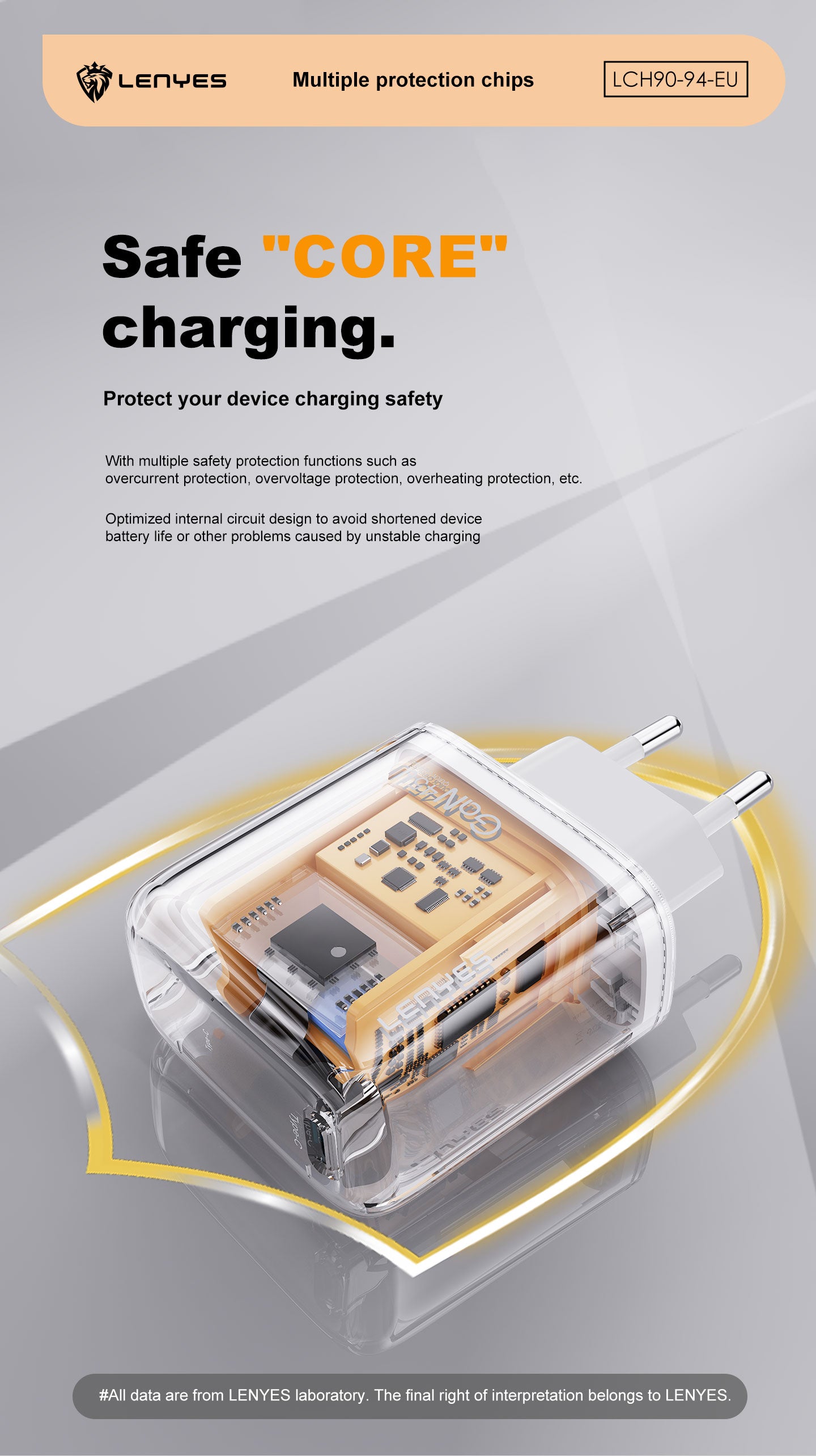 LENYES LCH94 Cargador 45W USB-C + Cable Tipo-C Carga Súper Rápida Blanco