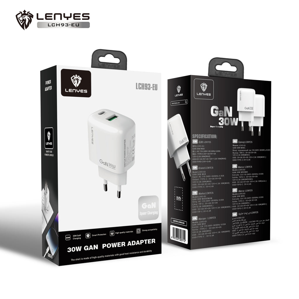 LENYES LCH93-EU Cargador Dual 30W USB-C + USB-A Carga Rápida Blanco