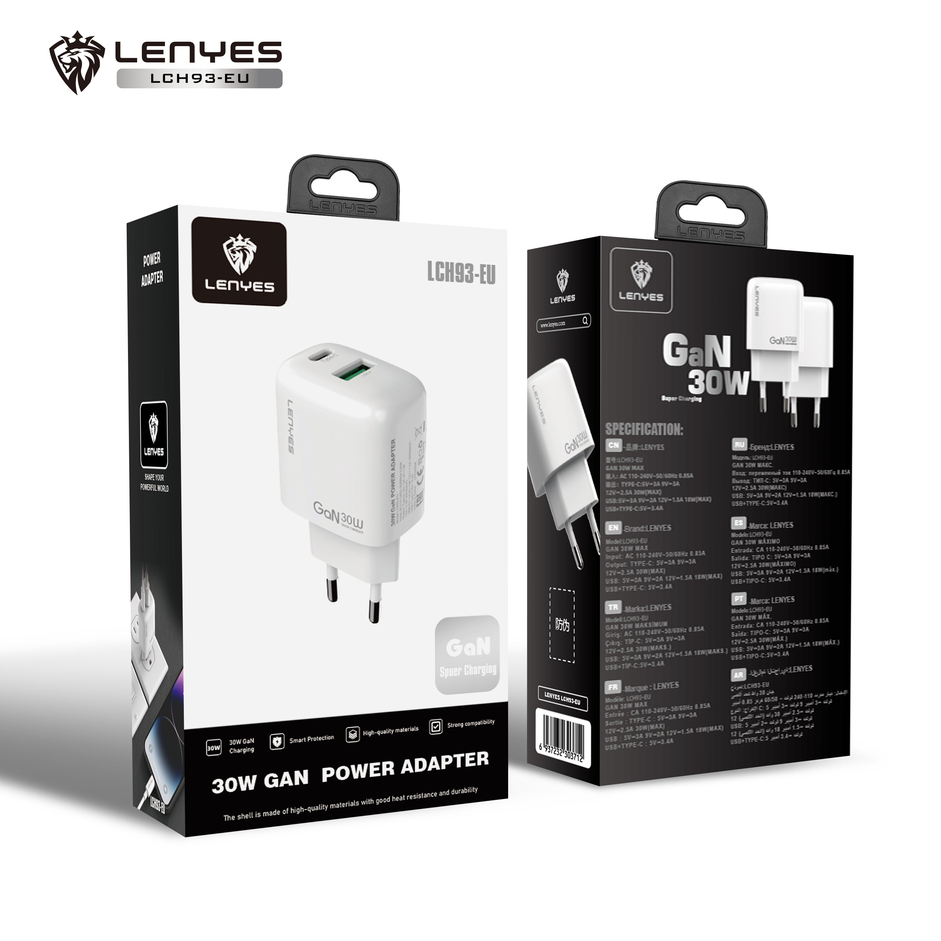 LENYES LCH93-EU Cargador Dual 30W USB-C + USB-A Carga Rápida Blanco