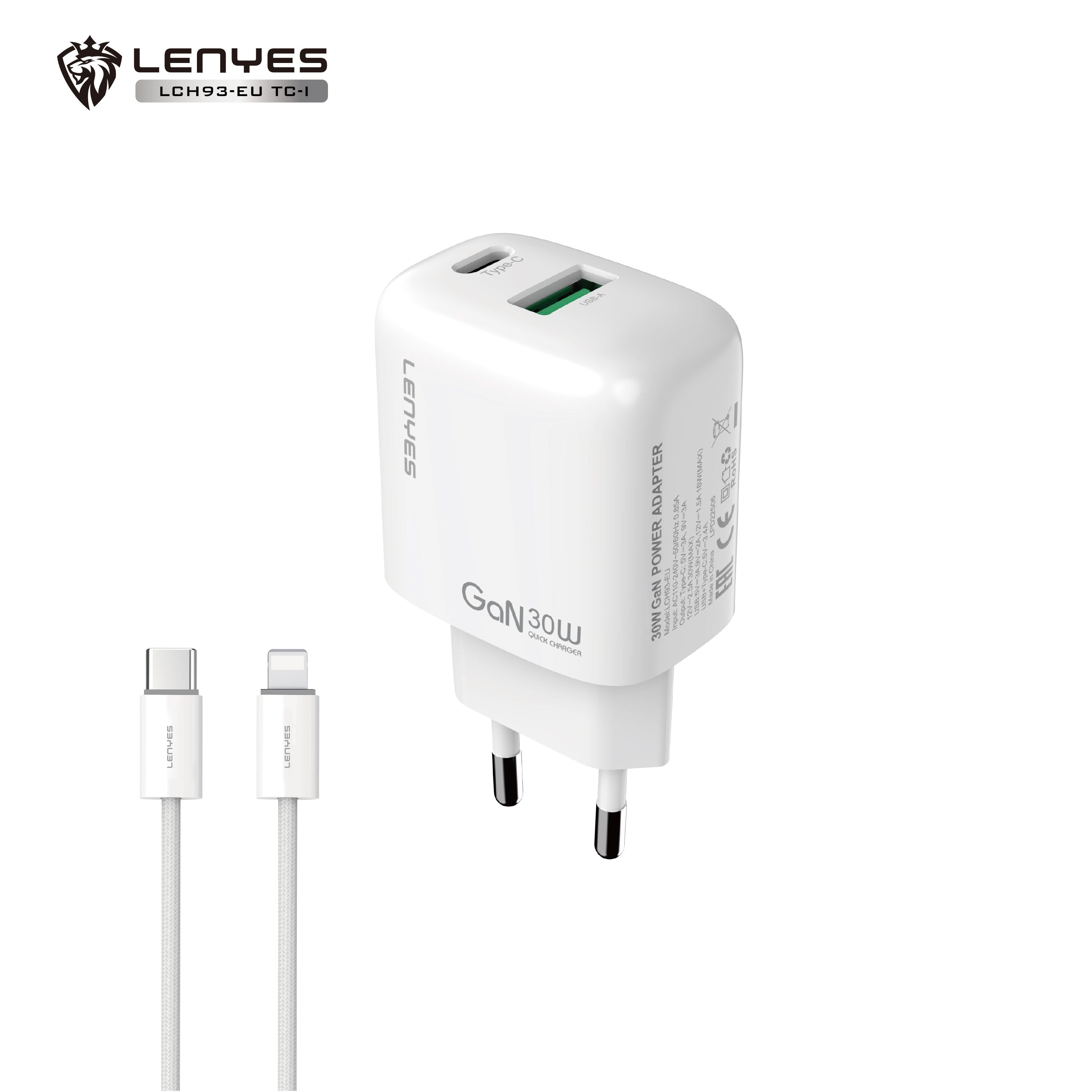 LENYES LCH93-EU Cargador Dual 30W USB-C + USB-A Carga Rápida Blanco