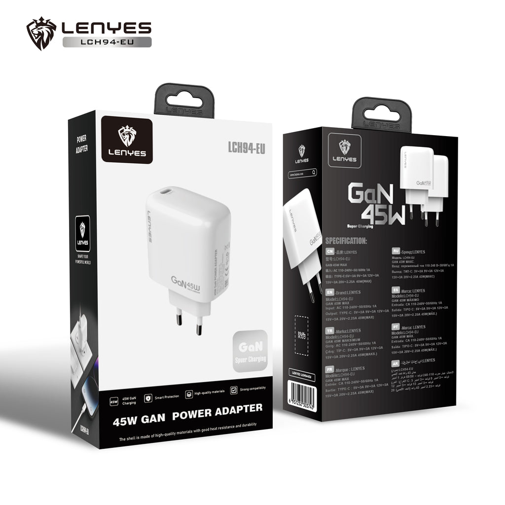 LENYES LCH94 Cargador 45W USB-C + Cable Tipo-C Carga Súper Rápida Blanco