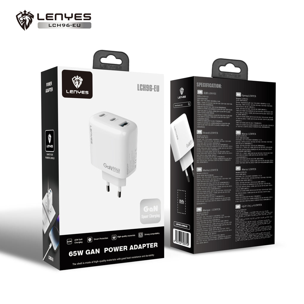 LENYES LCH96-EU Cargador GaN 65W 3 Puertos USB-C x2 + USB-A Blanco