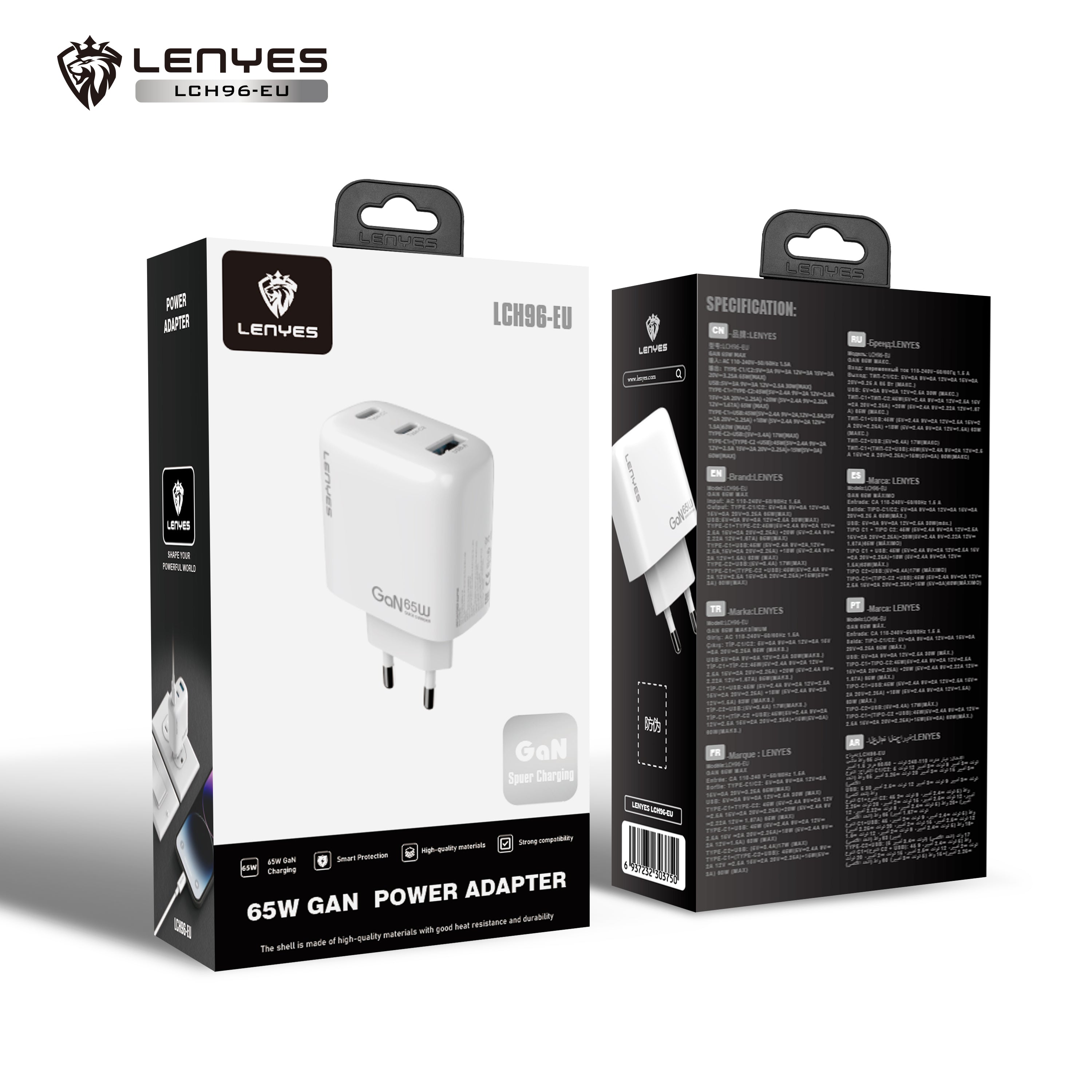 LENYES LCH96-EU Cargador GaN 65W 3 Puertos USB-C x2 + USB-A Blanco