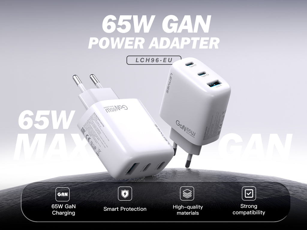 LENYES LCH96-EU Cargador GaN 65W 3 Puertos USB-C x2 + USB-A Blanco