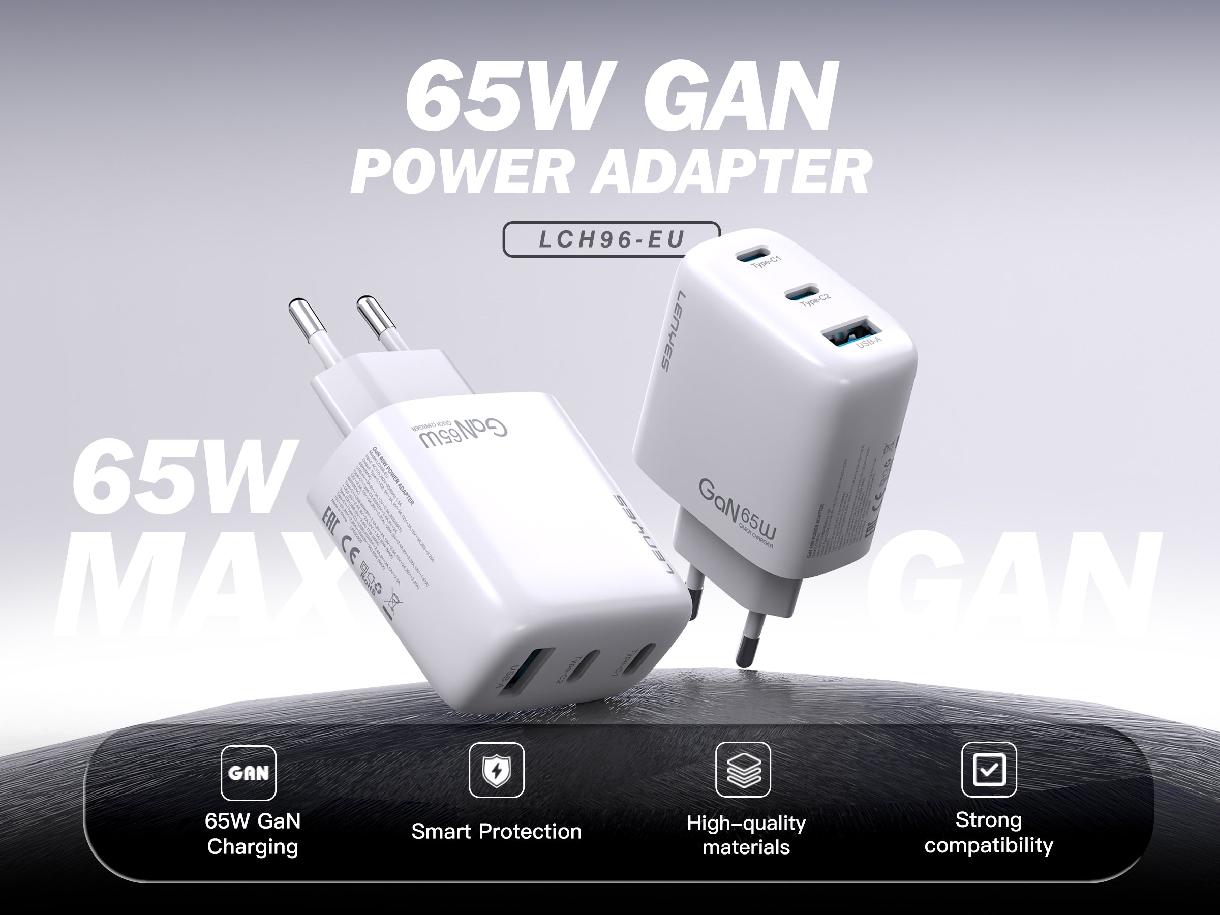 LENYES LCH96-EU Cargador GaN 65W 3 Puertos USB-C x2 + USB-A Blanco