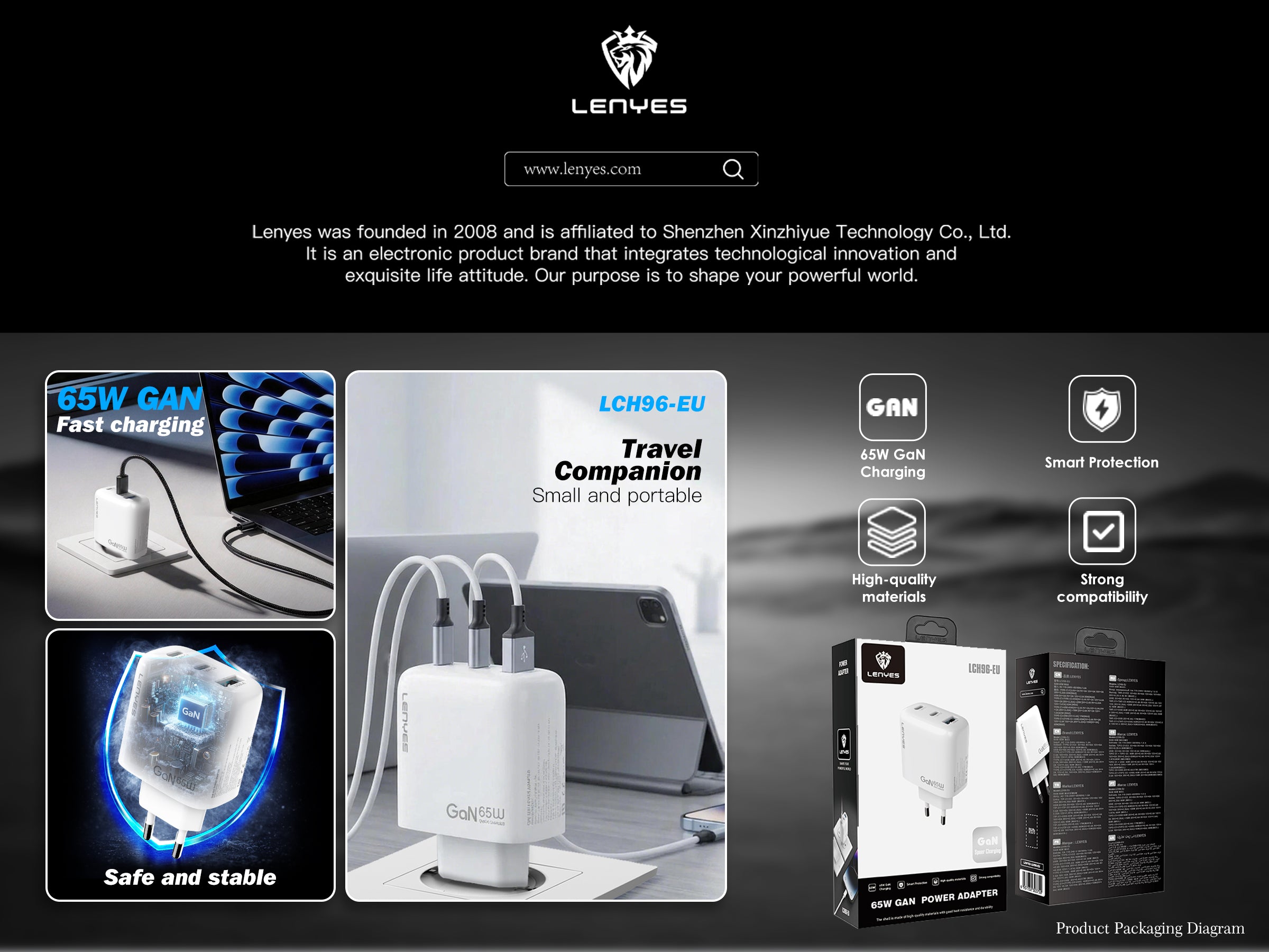 LENYES LCH96-EU Cargador GaN 65W 3 Puertos USB-C x2 + USB-A Blanco