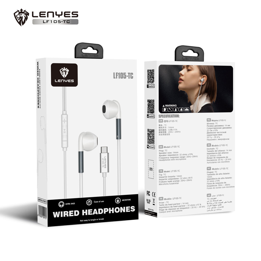 LENYES LF105-TC Auriculares Cable USB-C 14mm 108dB Micrófono Controles Blanco