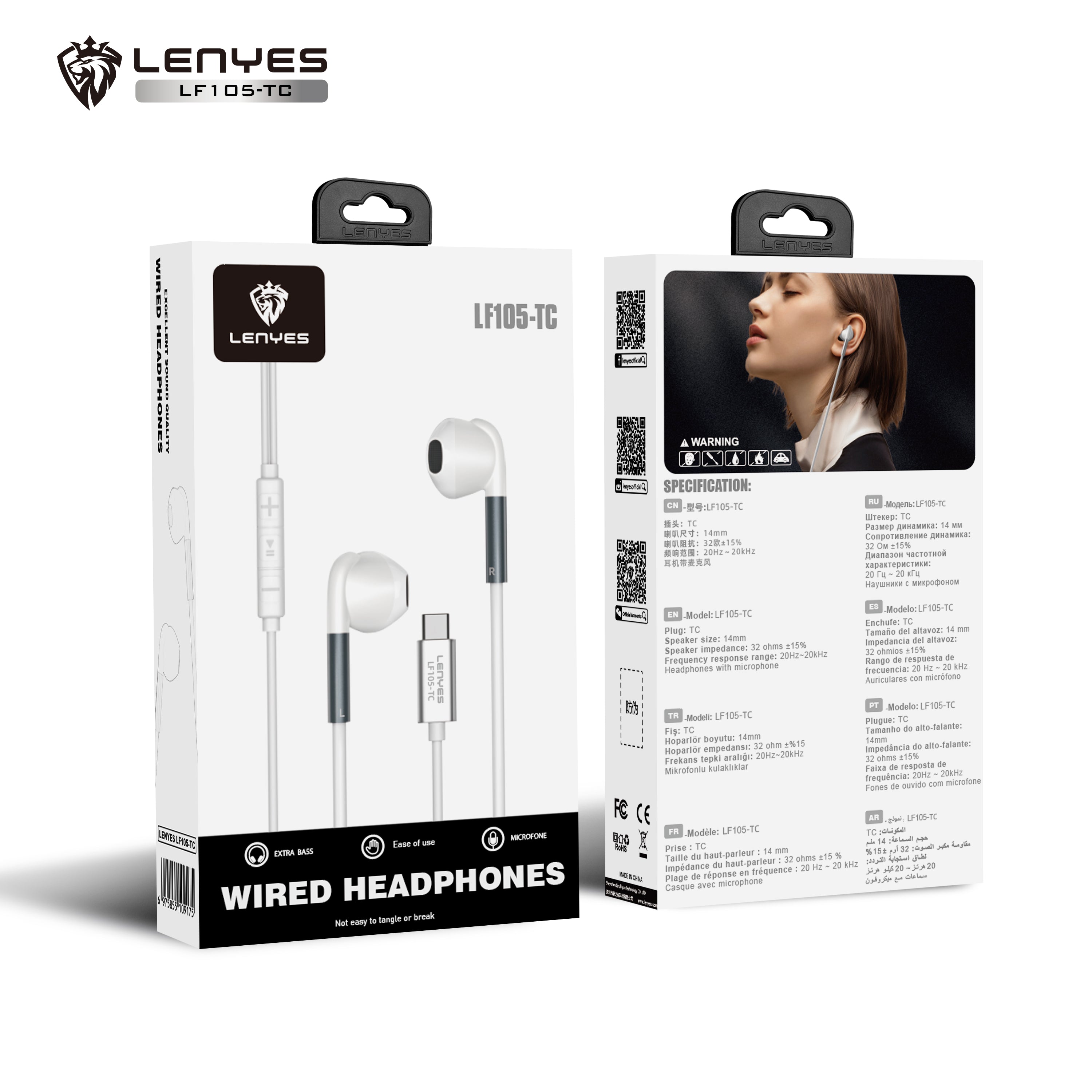 LENYES LF105-TC Auriculares Cable USB-C 14mm 108dB Micrófono Controles Blanco