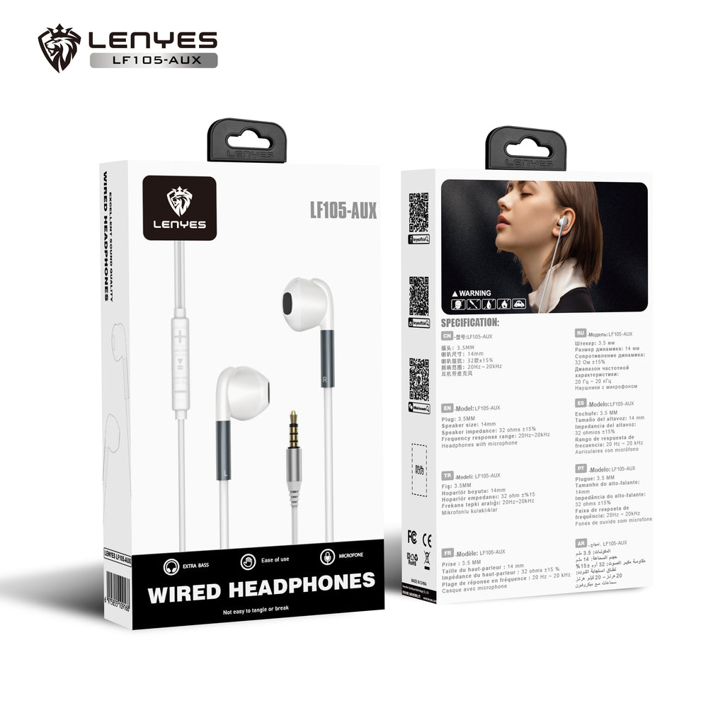 LENYES LF105-AUX Auriculares Cable 3.5mm 14mm Micrófono Controles Blanco