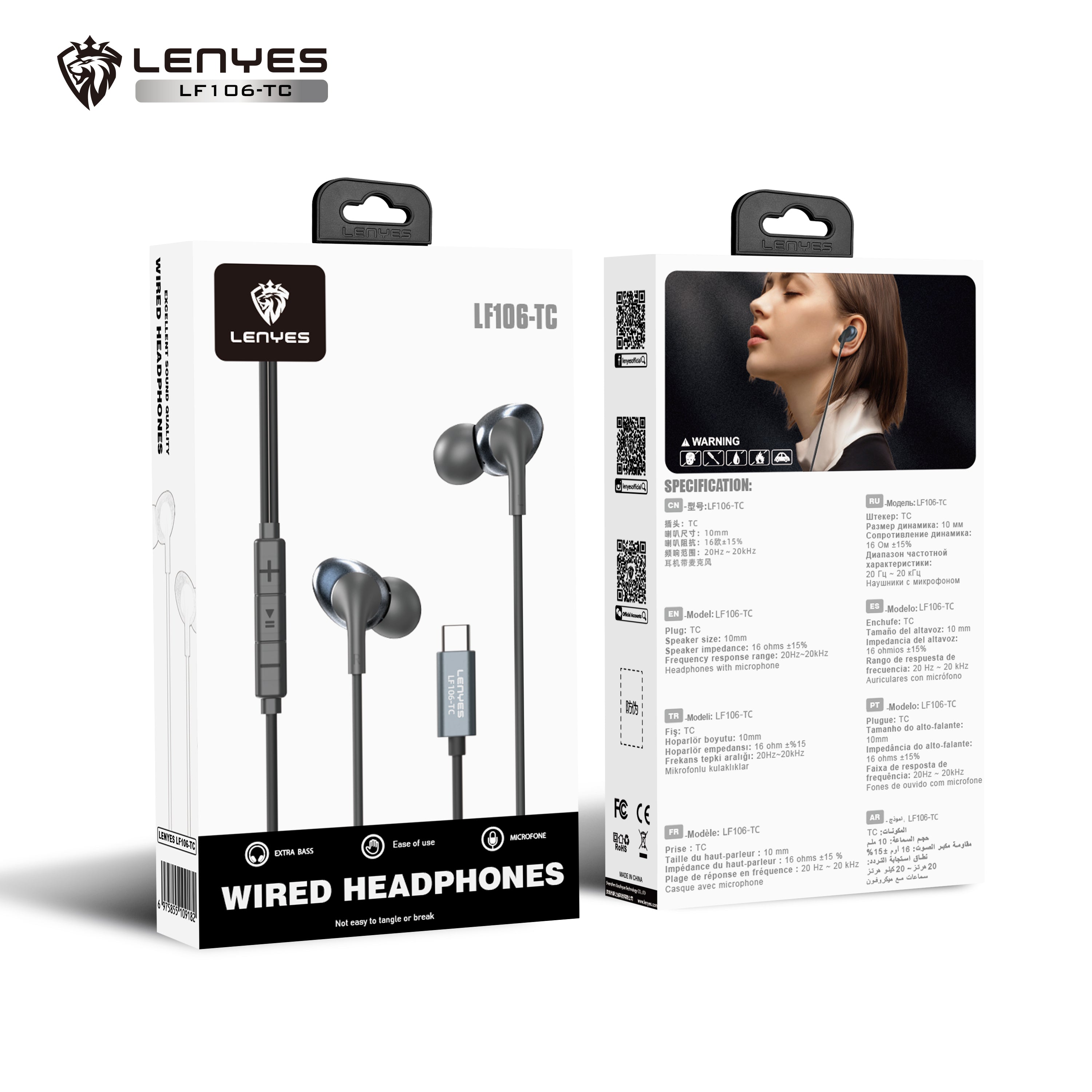 LENYES LF106-TC Auriculares Cable USB-C 10mm Micrófono HD Controles Negro