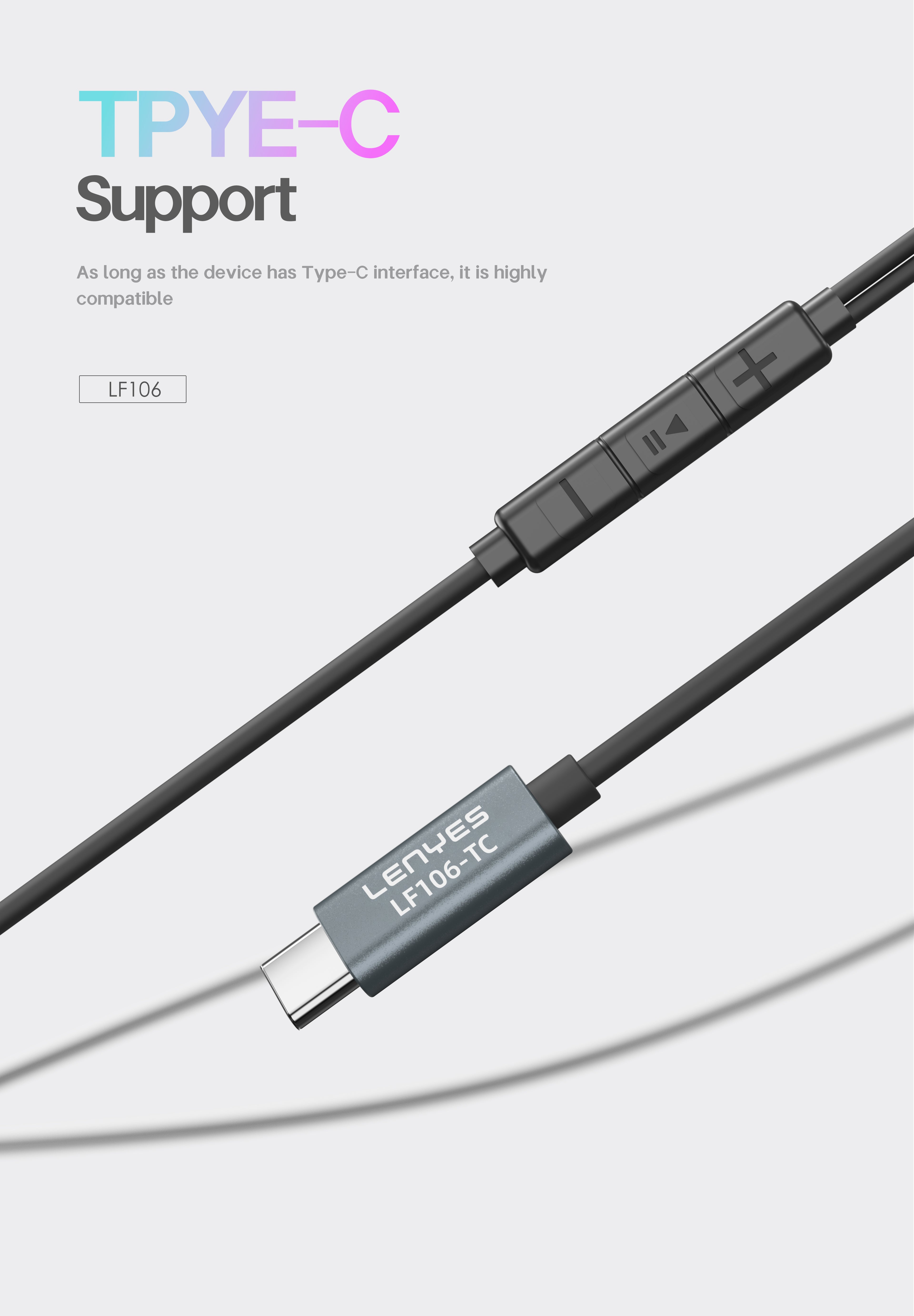 LENYES LF106-TC Auriculares Cable USB-C 10mm Micrófono HD Controles Negro