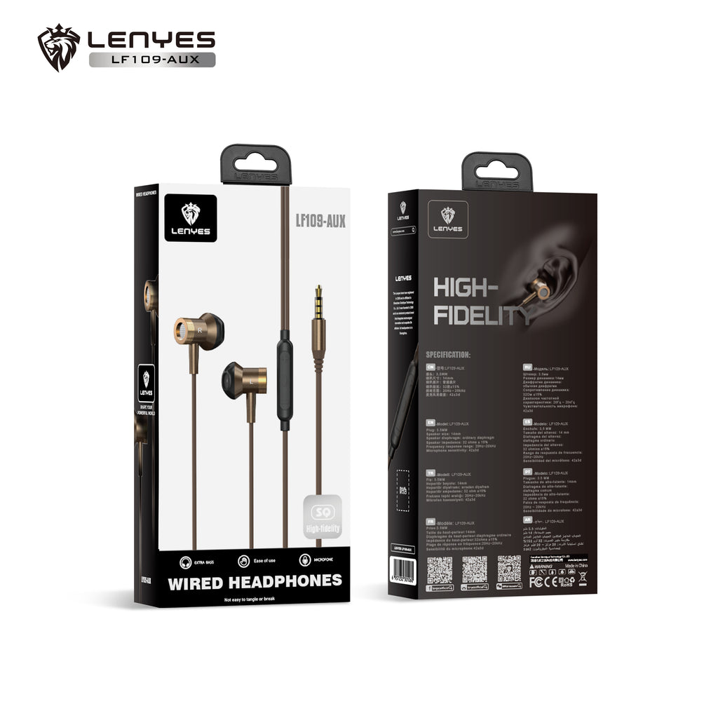 LENYES LF109-AUX Auriculares con Cable Jack 3.5mm - Hi-Fi Plug & Play con Micrófono y Control