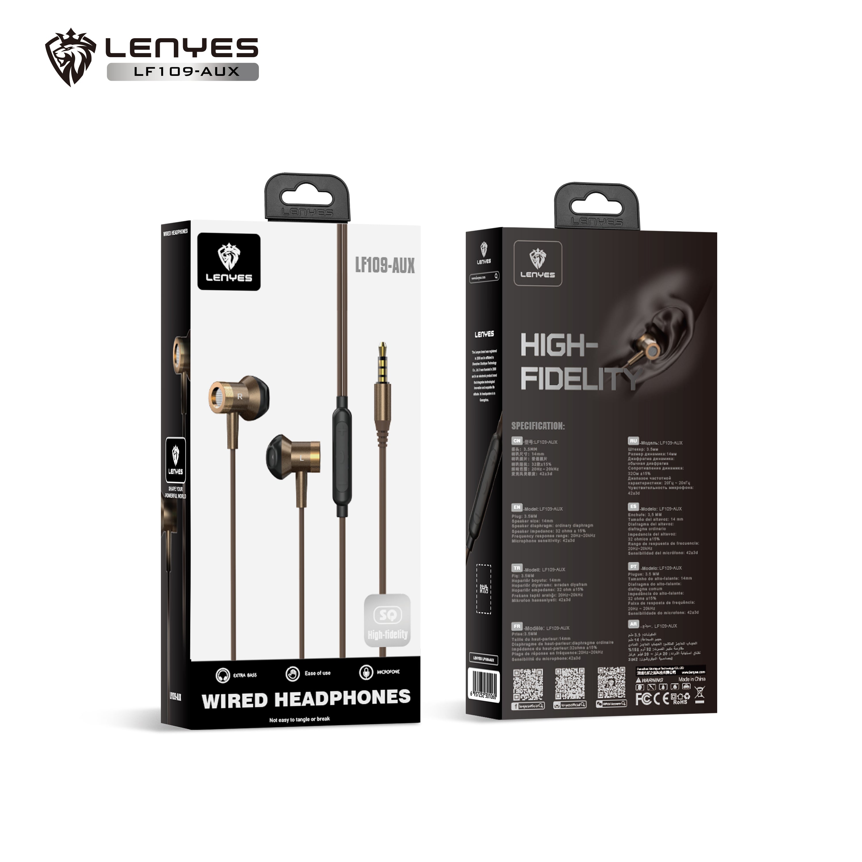 LENYES LF109-AUX Auriculares con Cable Jack 3.5mm - Hi-Fi Plug & Play con Micrófono y Control