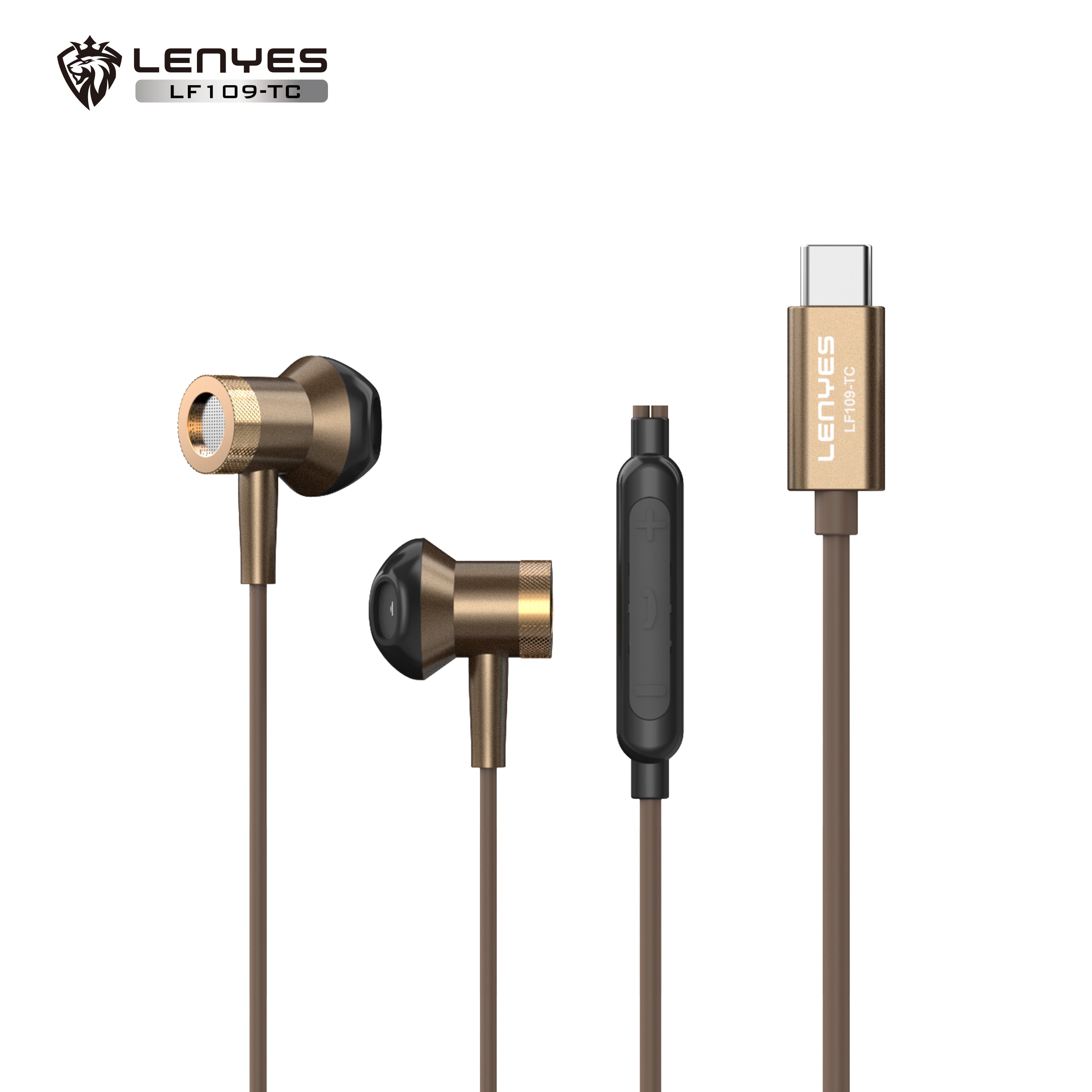 LENYES LF109-TC Auriculares Cable USB-C 10mm Micrófono Controles Marrón
