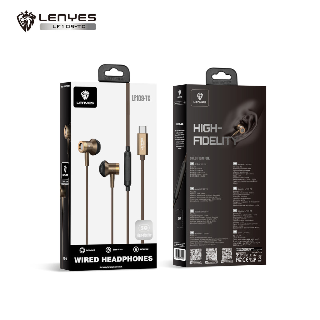 LENYES LF109-TC Auriculares Cable USB-C 10mm Micrófono Controles Marrón