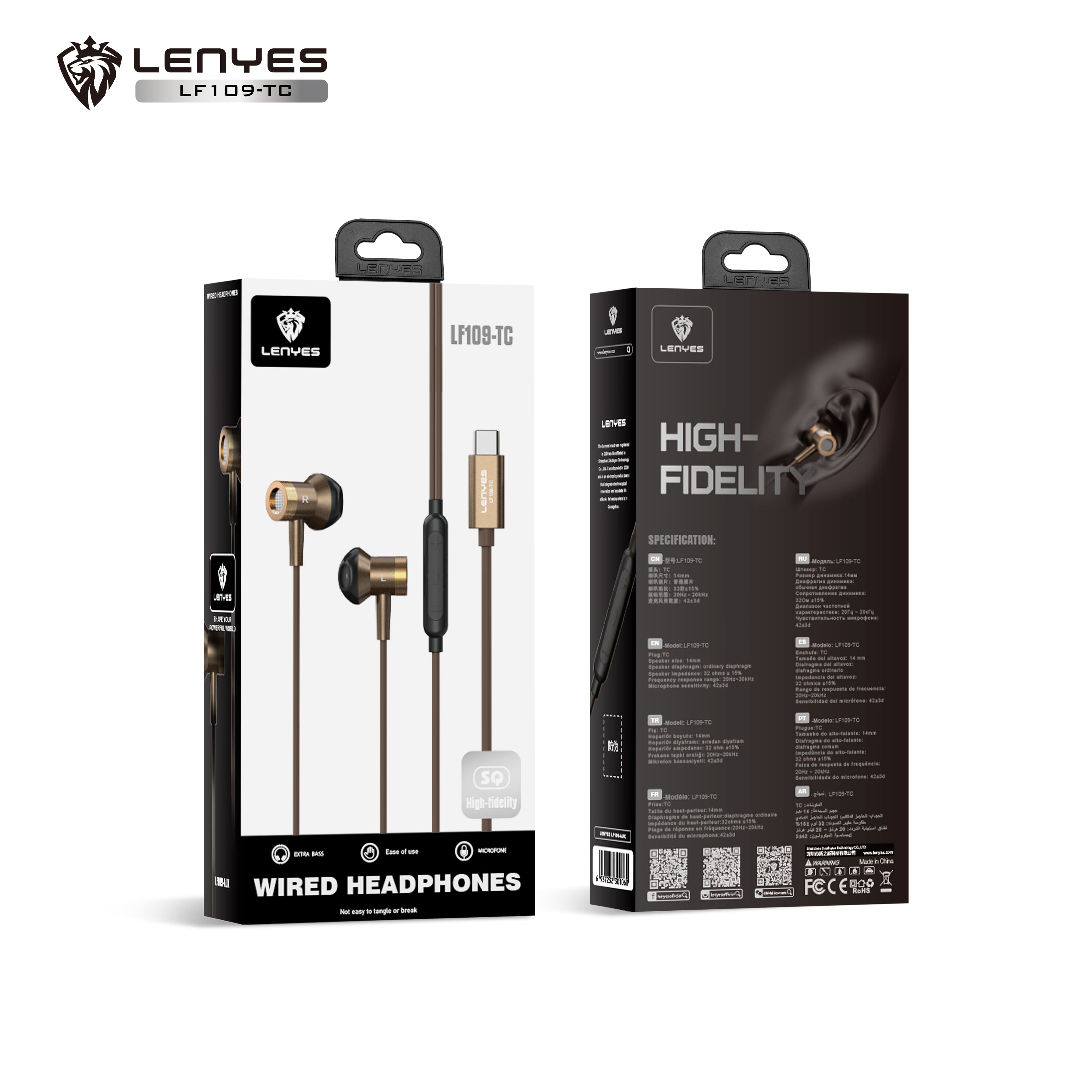 LENYES LF109-TC Auriculares Cable USB-C 10mm Micrófono Controles Marrón