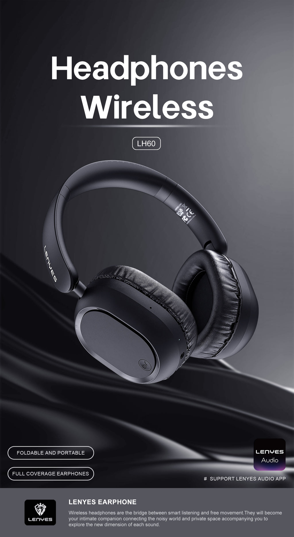 LENYES LH60 Auriculares Bluetooth Cancelación Ruido 40mm Plegables Negro
