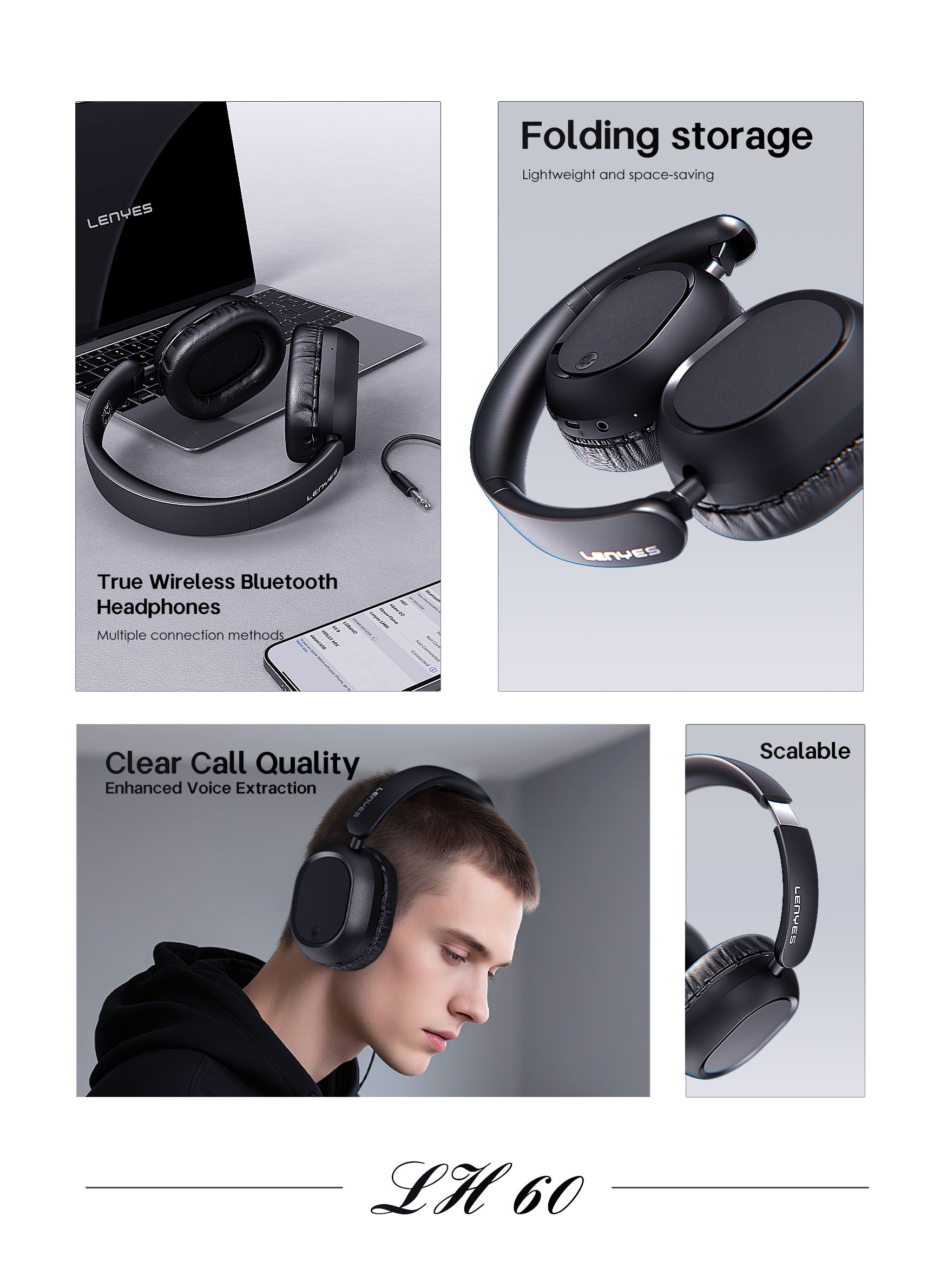 LENYES LH60 Auriculares Bluetooth Cancelación Ruido 40mm Plegables Negro
