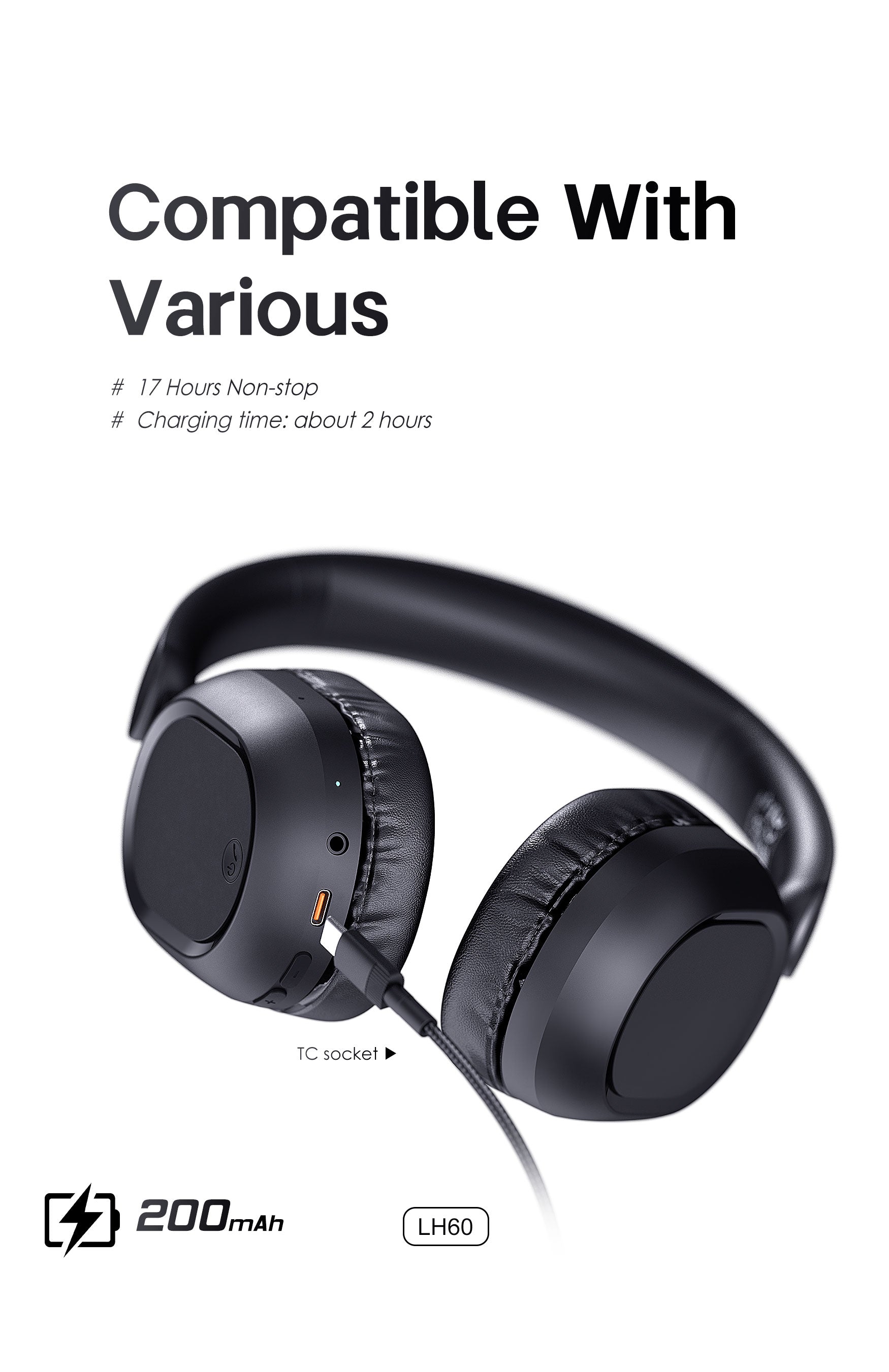 LENYES LH60 Auriculares Bluetooth Cancelación Ruido 40mm Plegables Negro