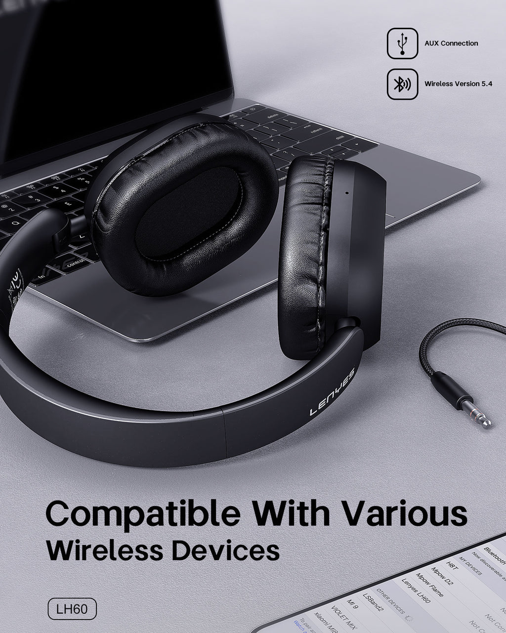 LENYES LH60 Auriculares Bluetooth Cancelación Ruido 40mm Plegables Negro