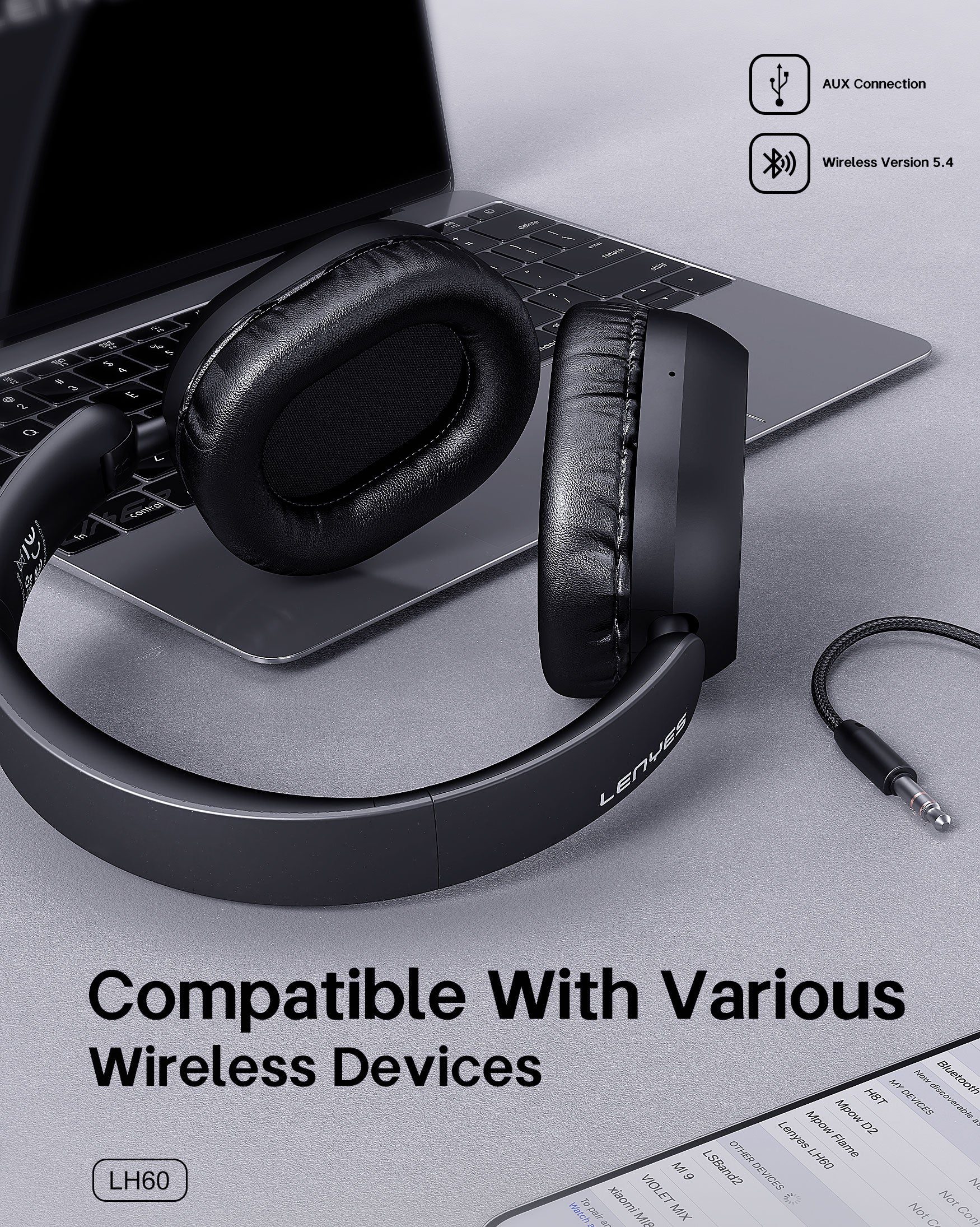 LENYES LH60 Auriculares Bluetooth Cancelación Ruido 40mm Plegables Negro